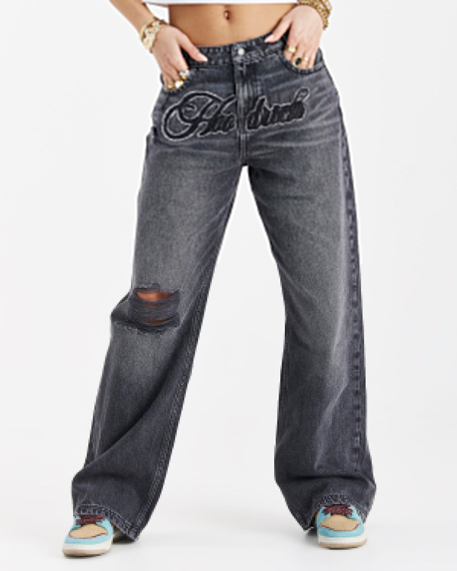 Script Wide Leg Jeans - Black Wash