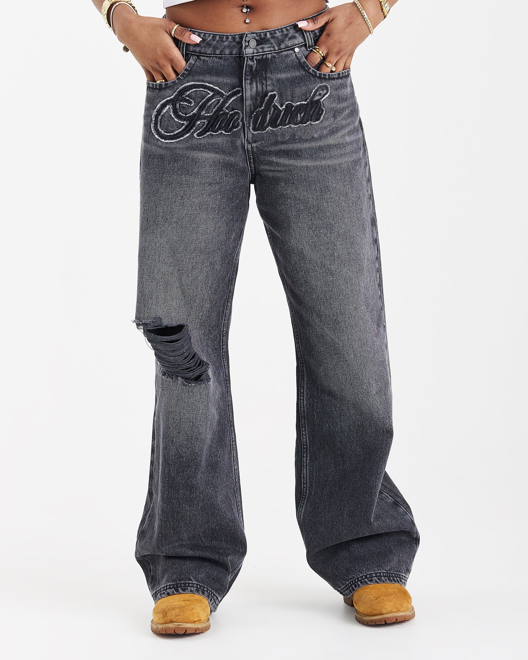 Script Wide Leg Jeans - Black Wash