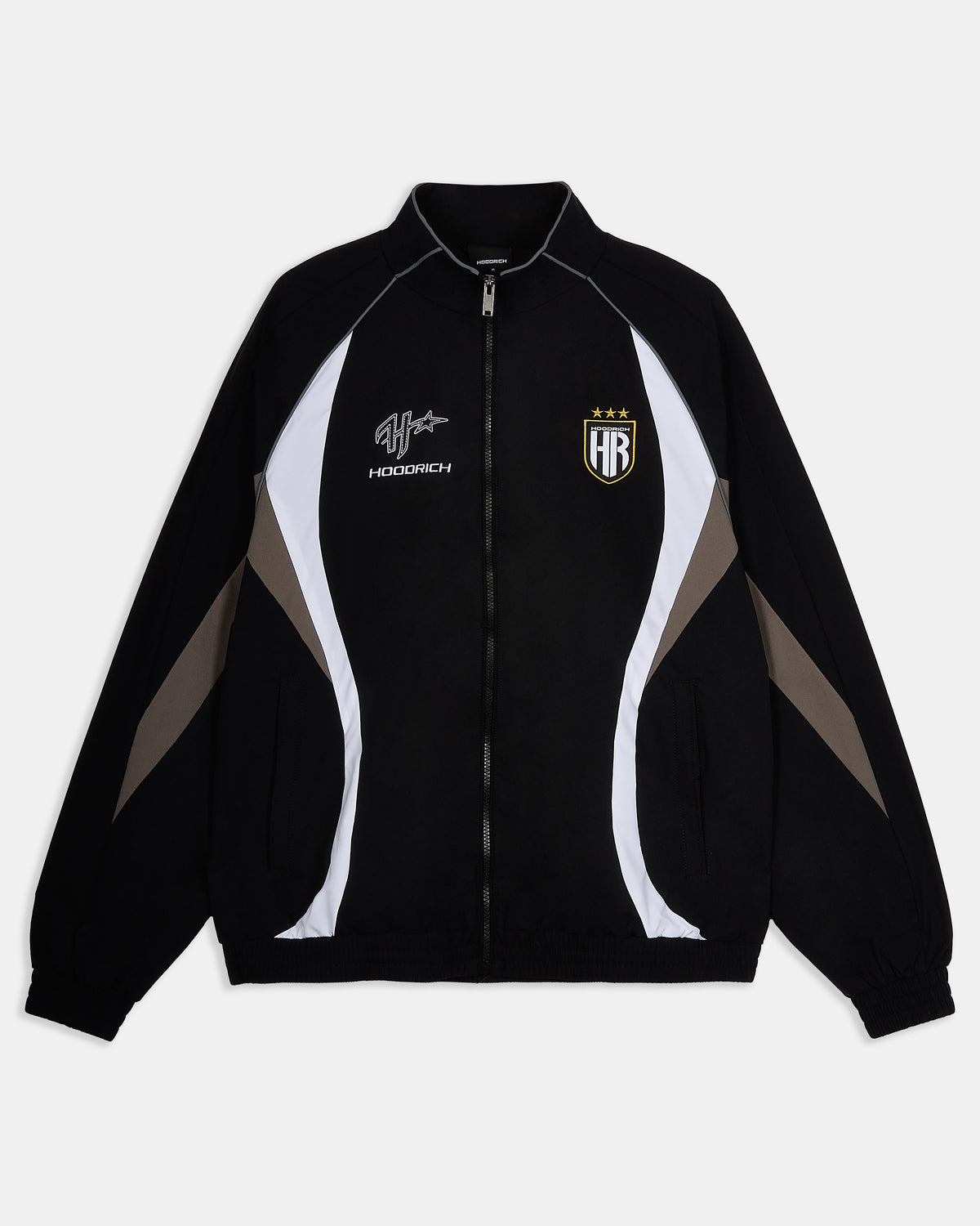 Black jacket with white and gray accents featuring logos on a light gray background