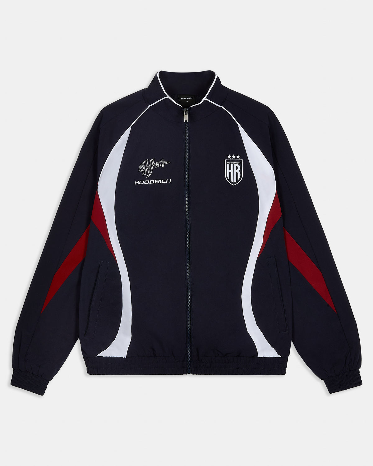Black track jacket with red and white accents on a light gray background