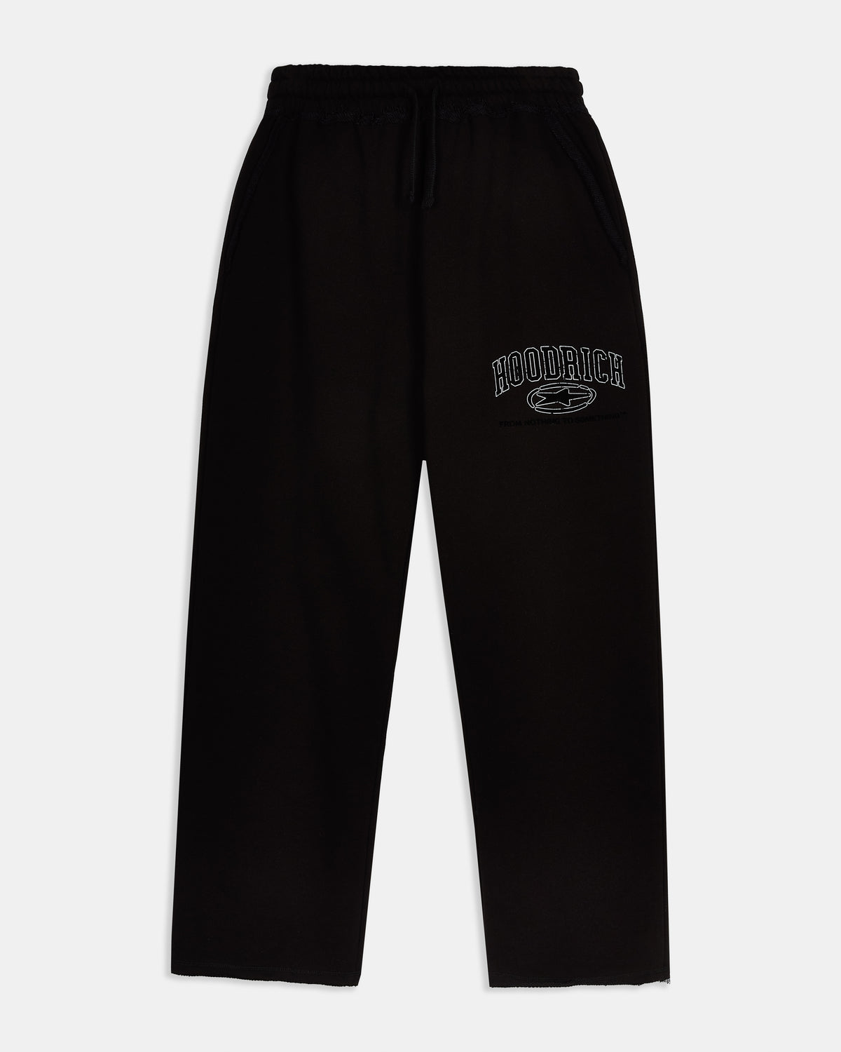 Black sweatpants with a logo on the leg against a white background