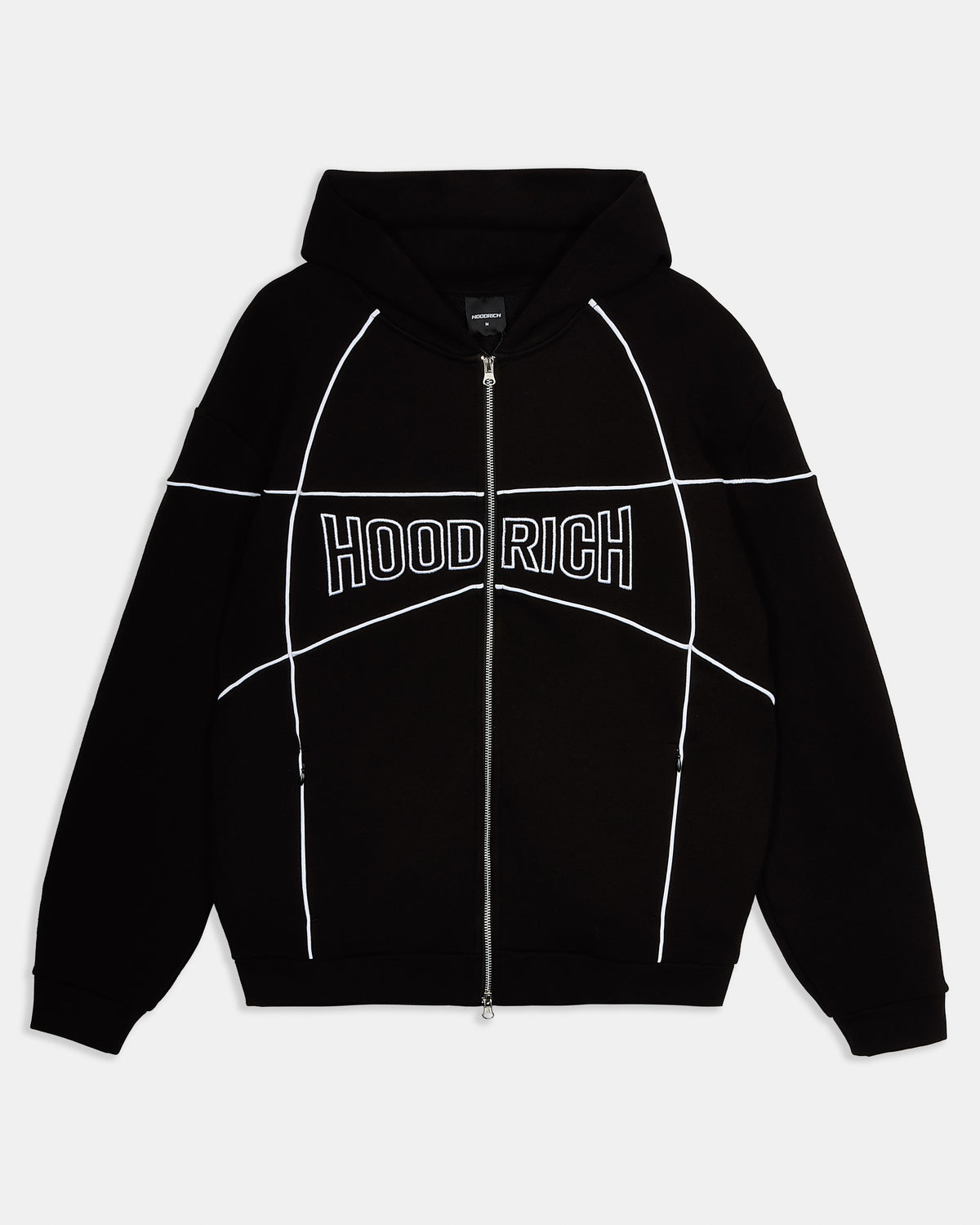 Black hoodie with 'HOODRICH' text on a light gray background