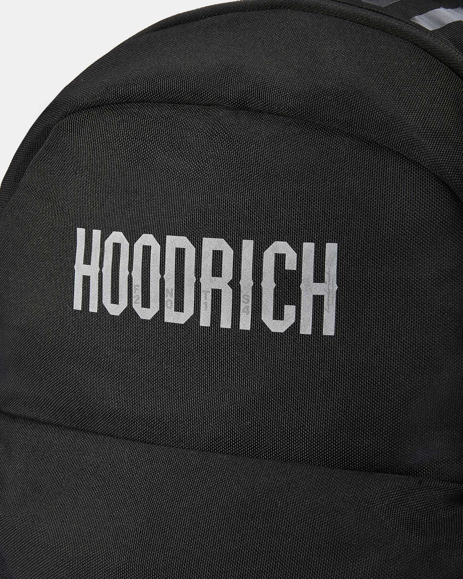 Black backpack with 'HOODRICH' branding on a light gray background