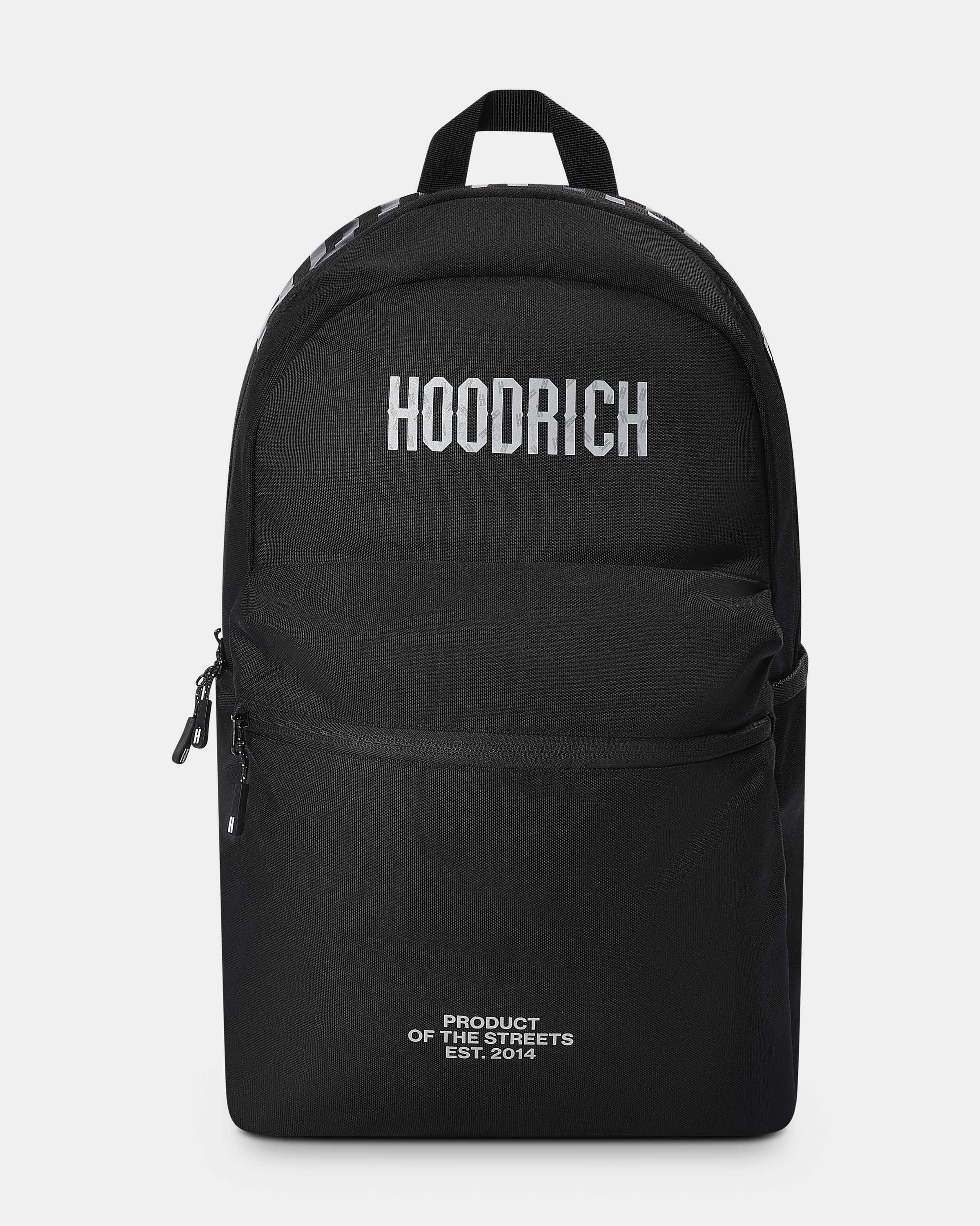 Black backpack with 'Hoodrich' branding on a white background