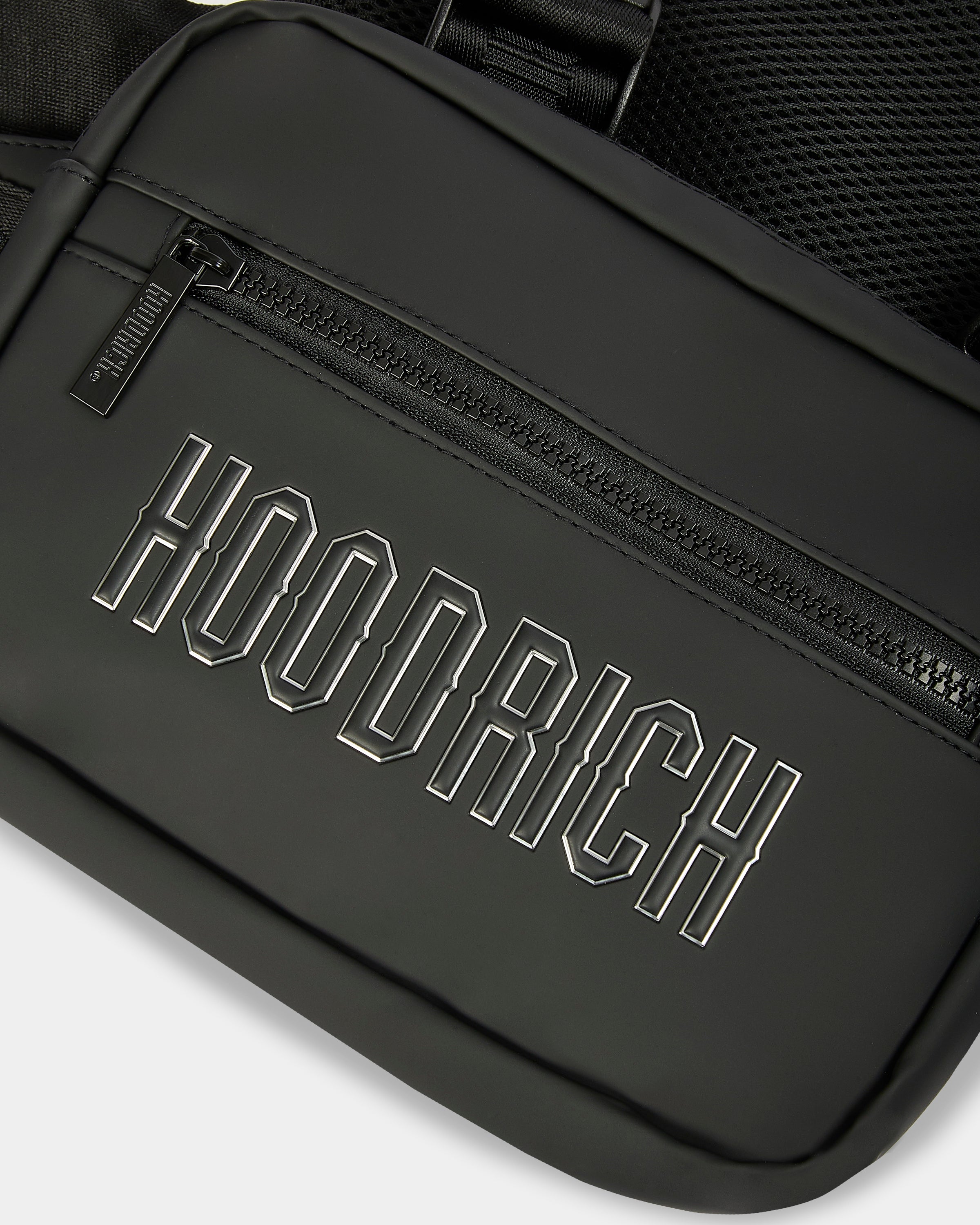 Black chest bag with 'Hoodrich' branding on a white background