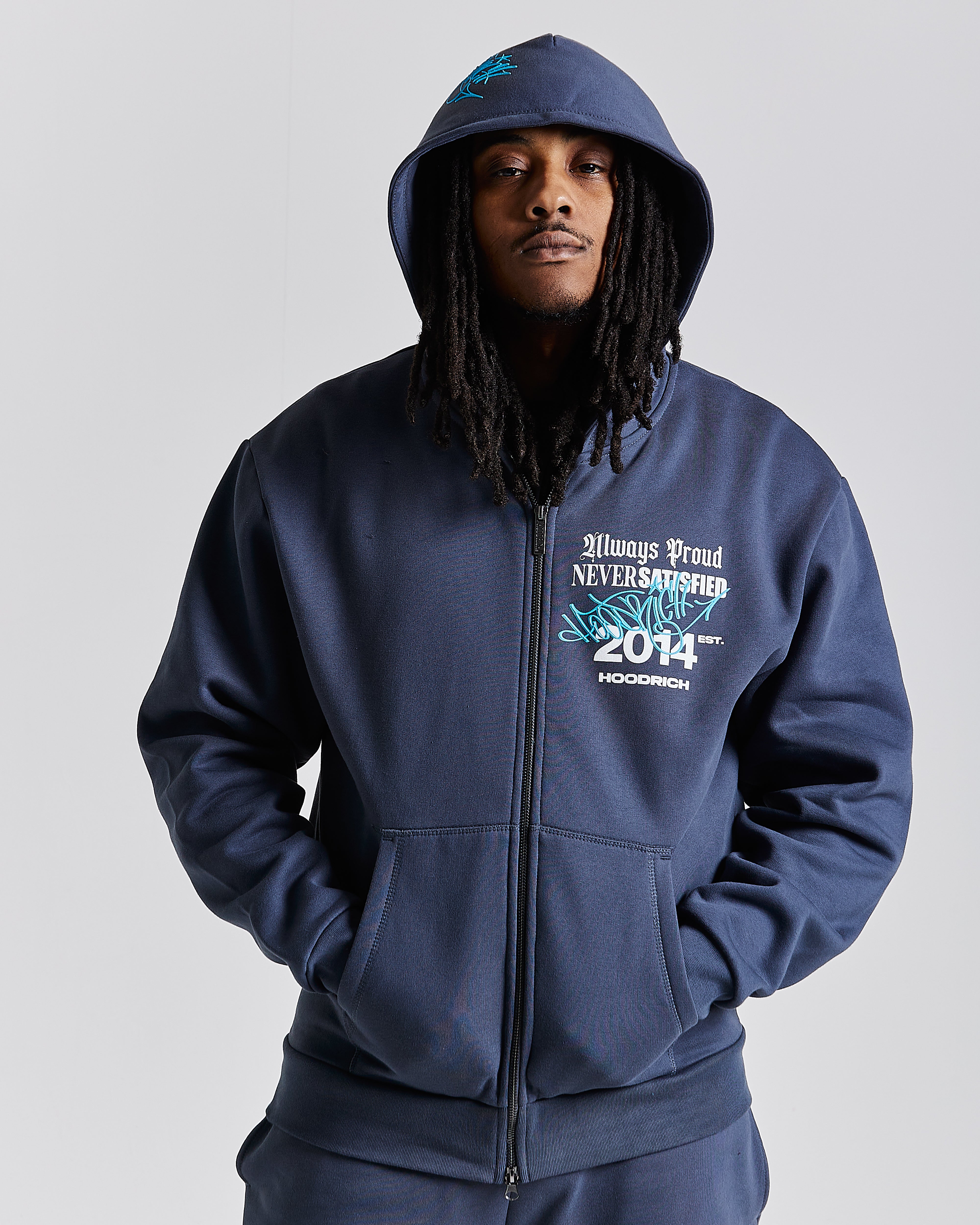 Stamp Tag Oversized Zip Hoodie - Blue/White