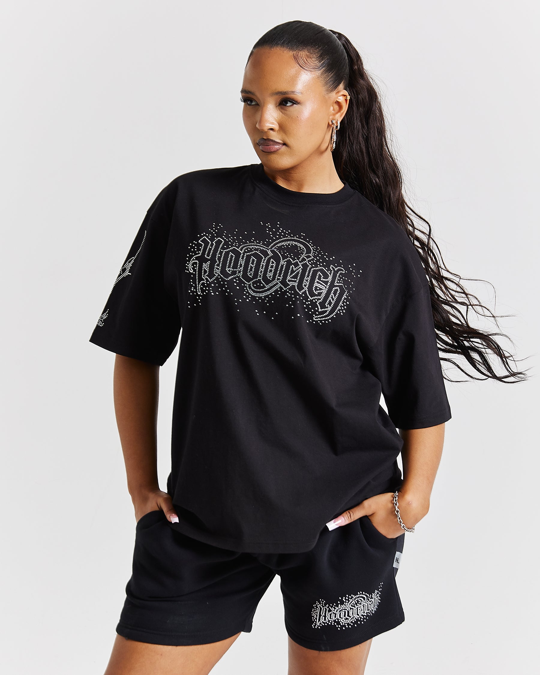 Diffuse Oversized Sweatshorts - Black/Rhinestone