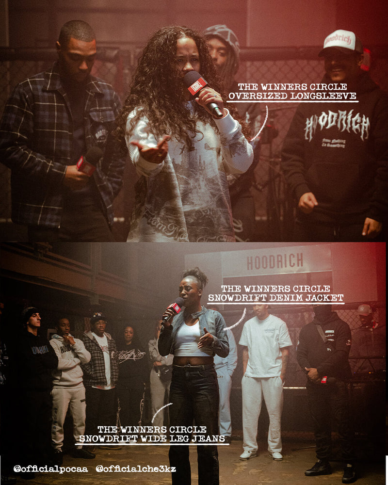 A split-screen collage showing two photos of a woman speaking into a microphone at what appears to be a gathering or event, with several men standing around her. Text overlays mention 'The Winners Circle' and 'Hoodrich'.