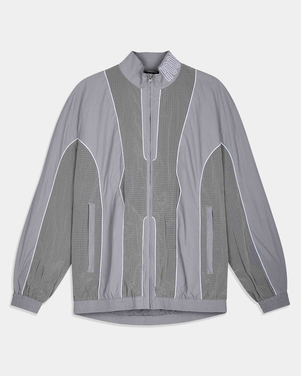 A gray zip-up jacket with a subtle grid pattern on the sleeves and front panels, featuring white piping details and a high collar, shown against a light gray background.