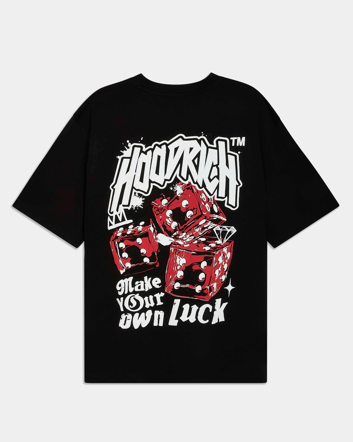 A black short-sleeve graphic t-shirt featuring a red and white design with three dice, the text 'HOODRICH', and 'Make your own luck' on a light gray background.