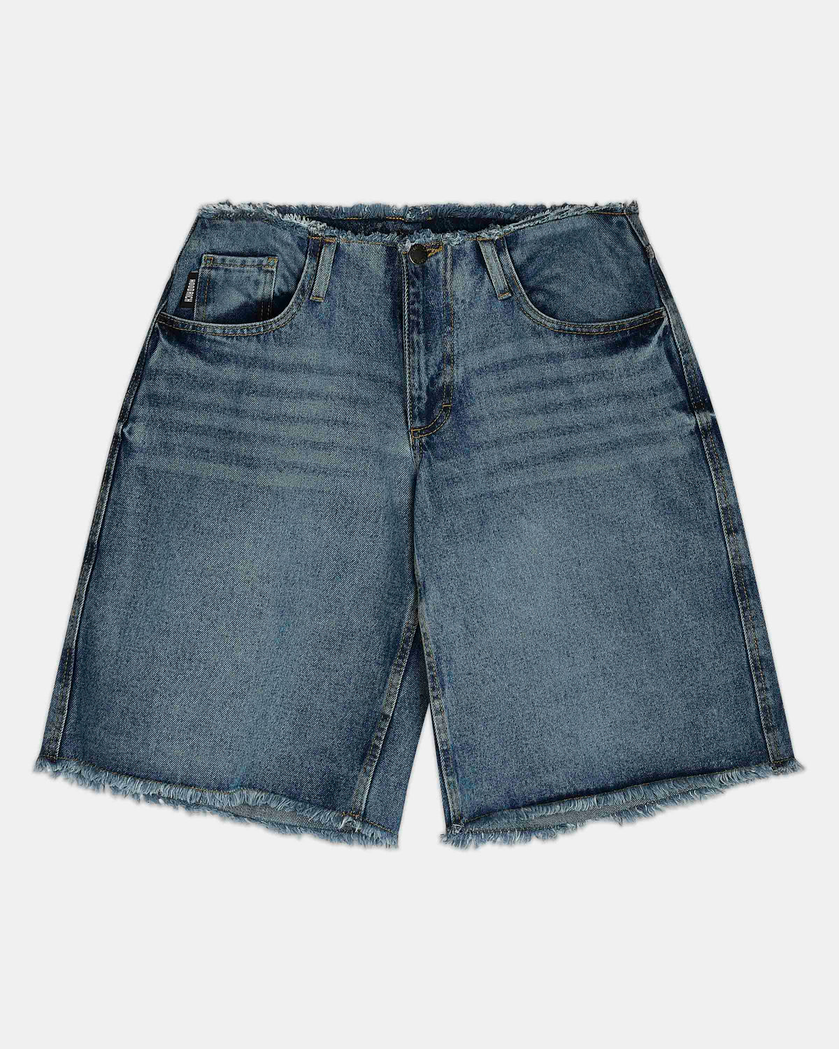Medium wash blue denim shorts with a raw, frayed hem and distressed detailing, shown flat on a light gray background.