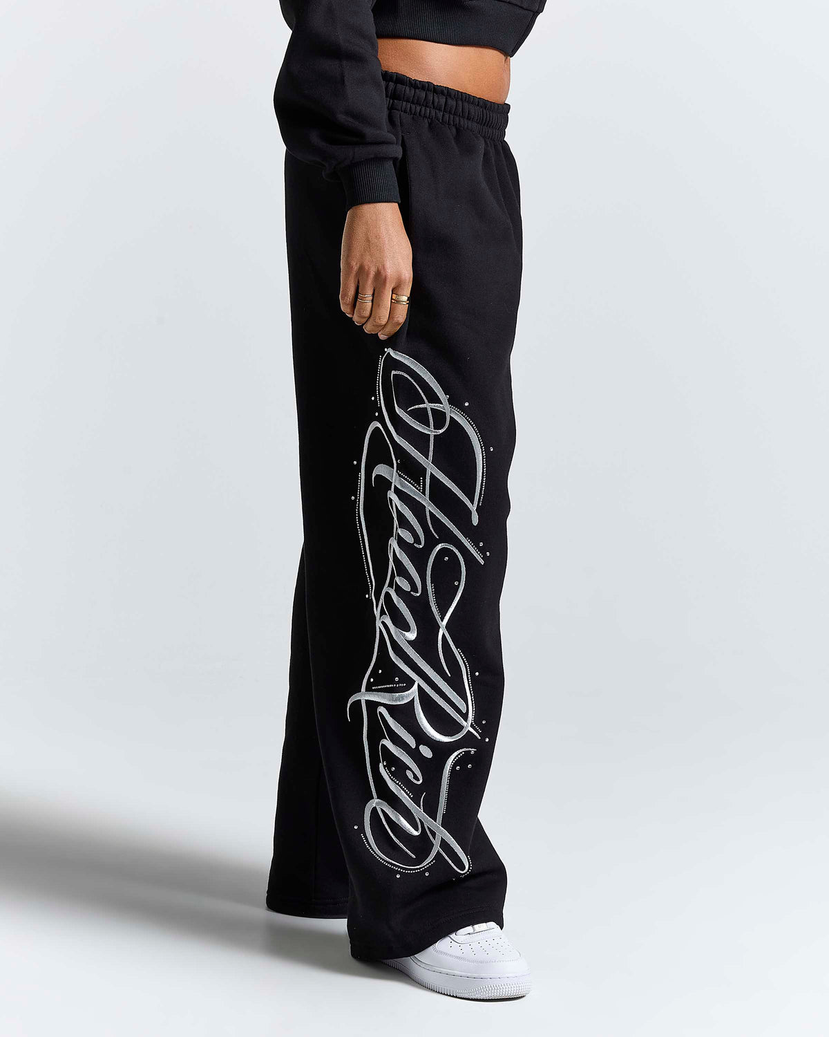 Solace Oversized Wide Leg Jogger - Black/Silver Rhinestone