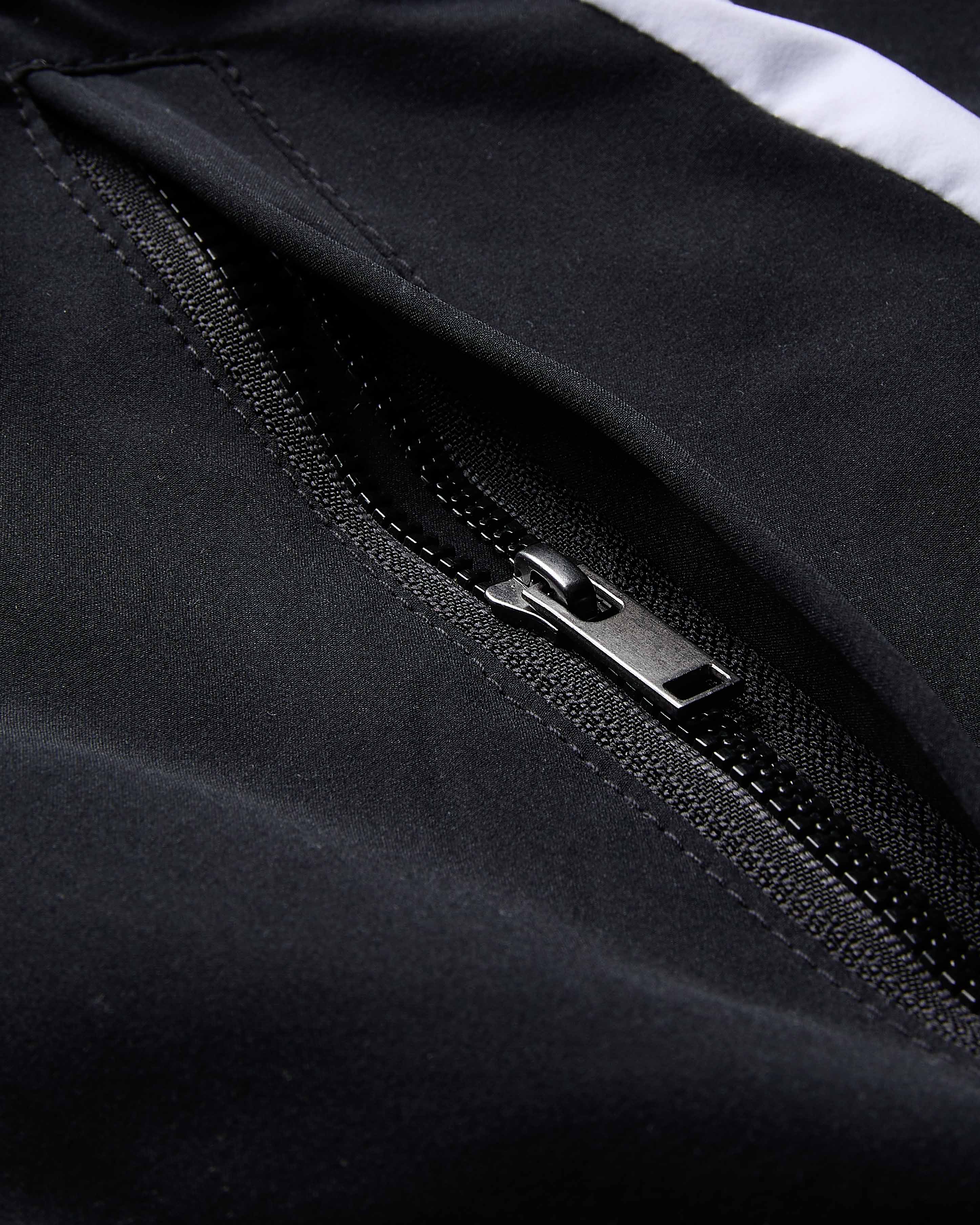 Close-up of a black jacket zipper with a white stripe in the background