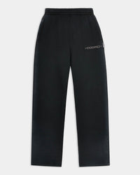Black pants with 'Hoodrich' branding on a light gray background