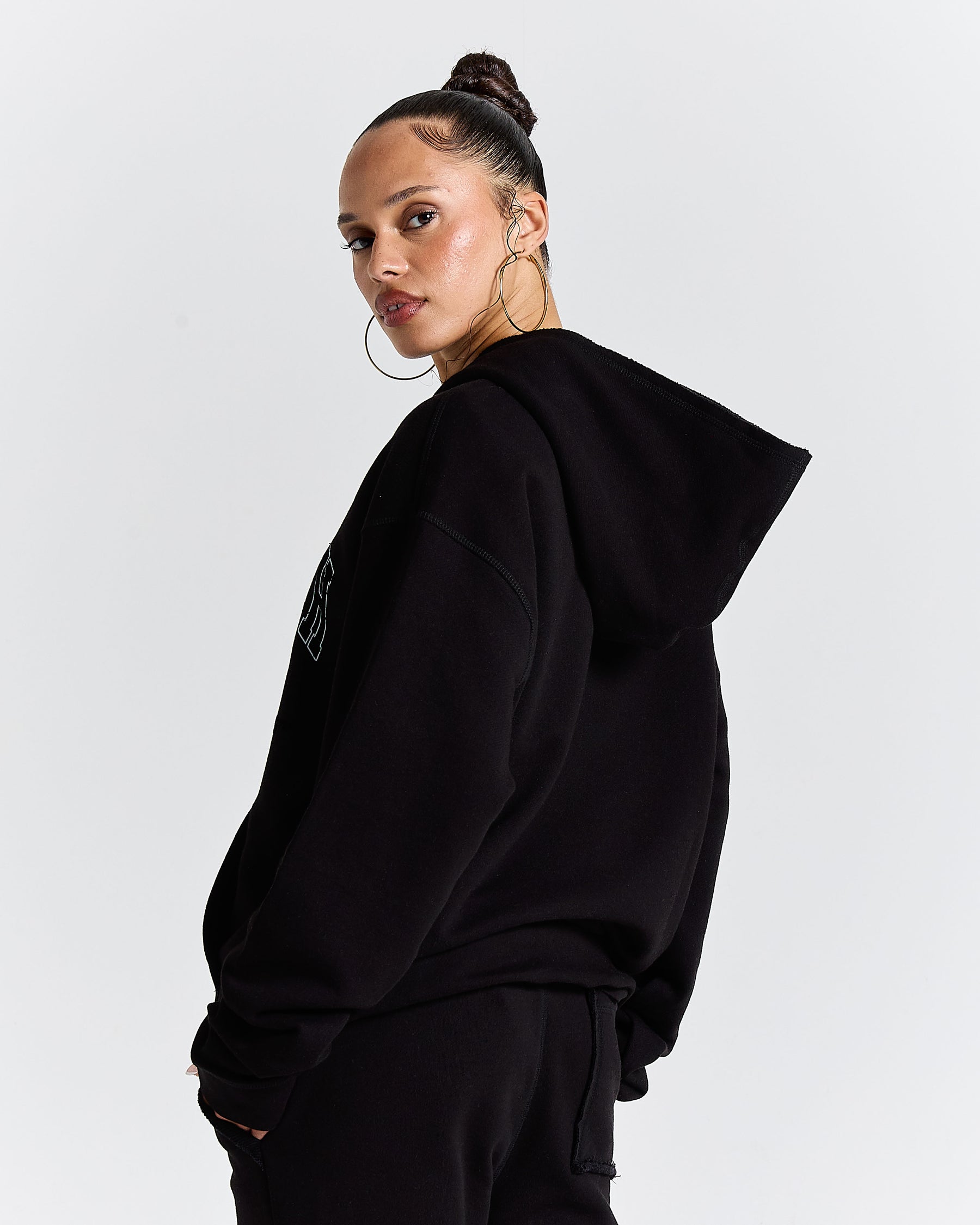 Fray Zip Relaxed Fit Hoodie - Black