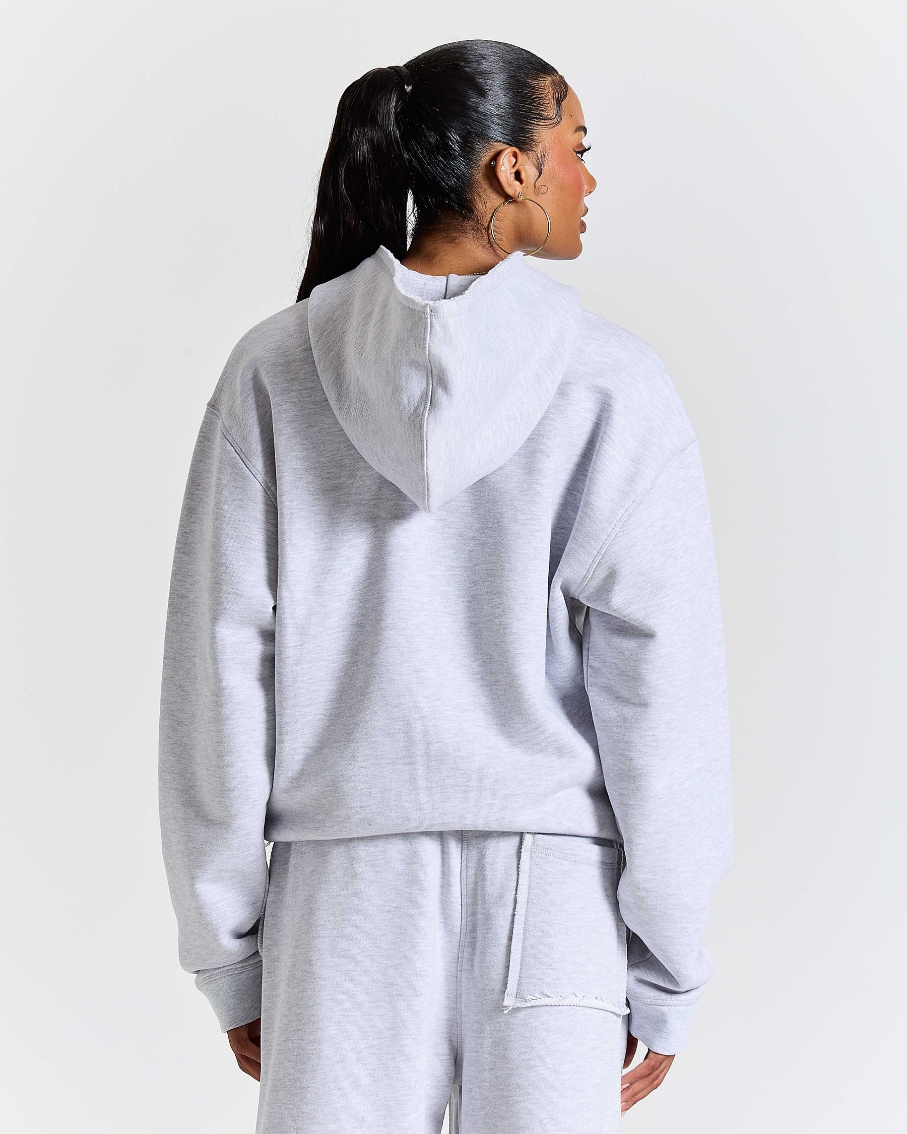 Fray Zip Relaxed Fit Hoodie - Grey Marl