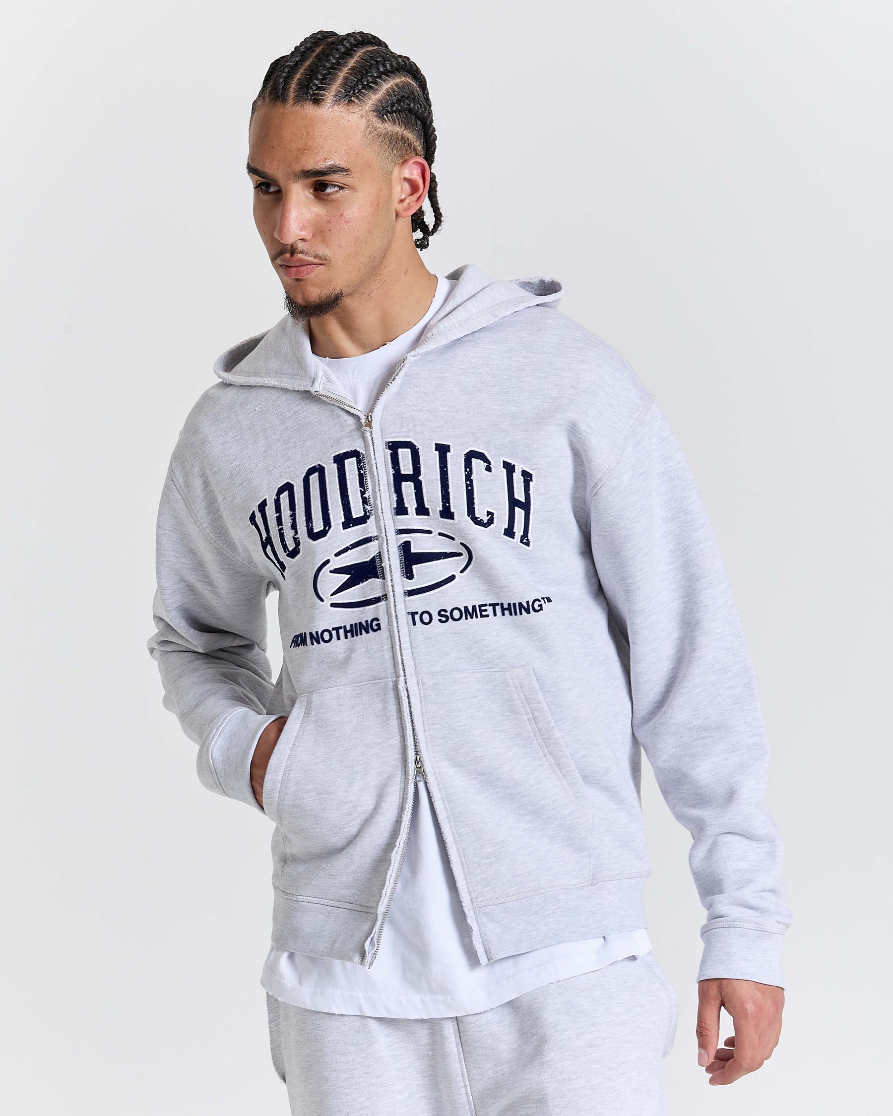 Fray Zip Relaxed Fit Hoodie - Grey Marl