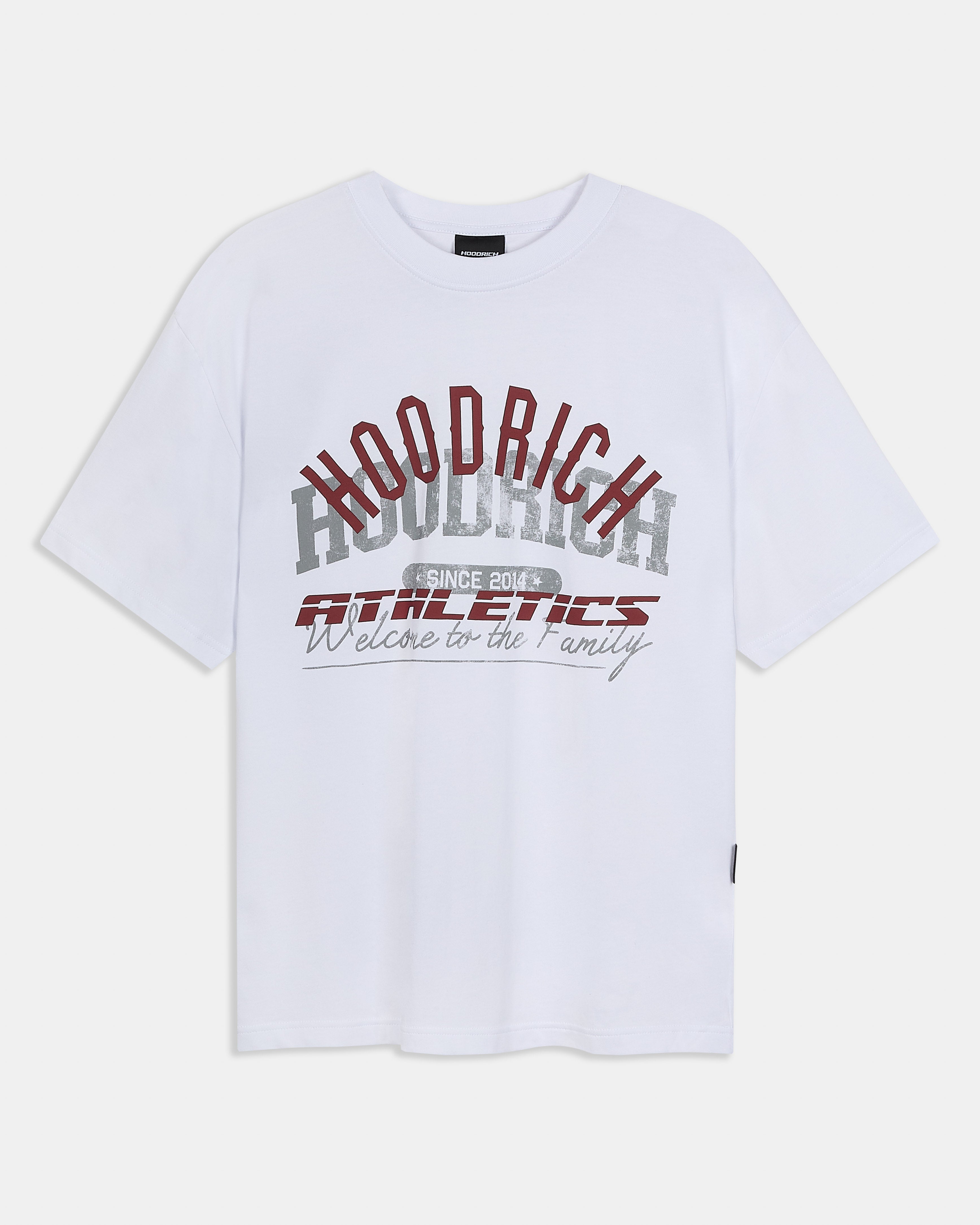 White t-shirt with 'Hoodrich Athletics' text on a white background