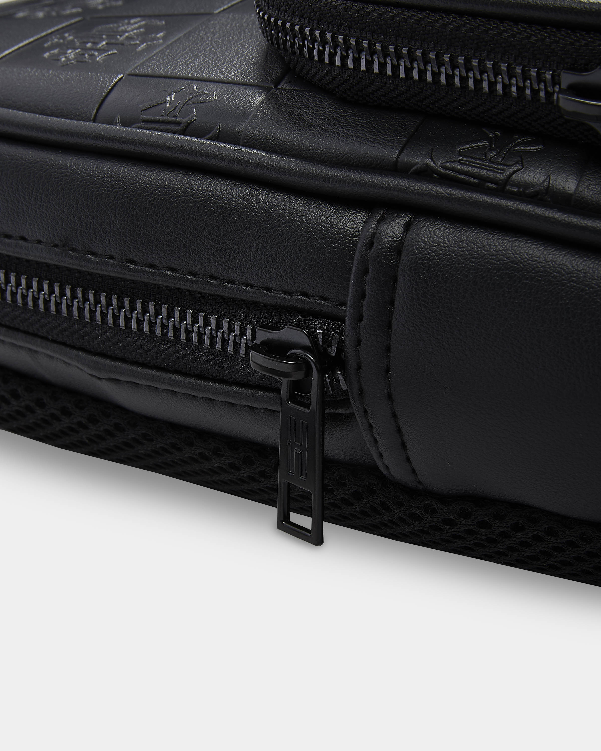 Close-up of a black leather bag with zippers on a white background