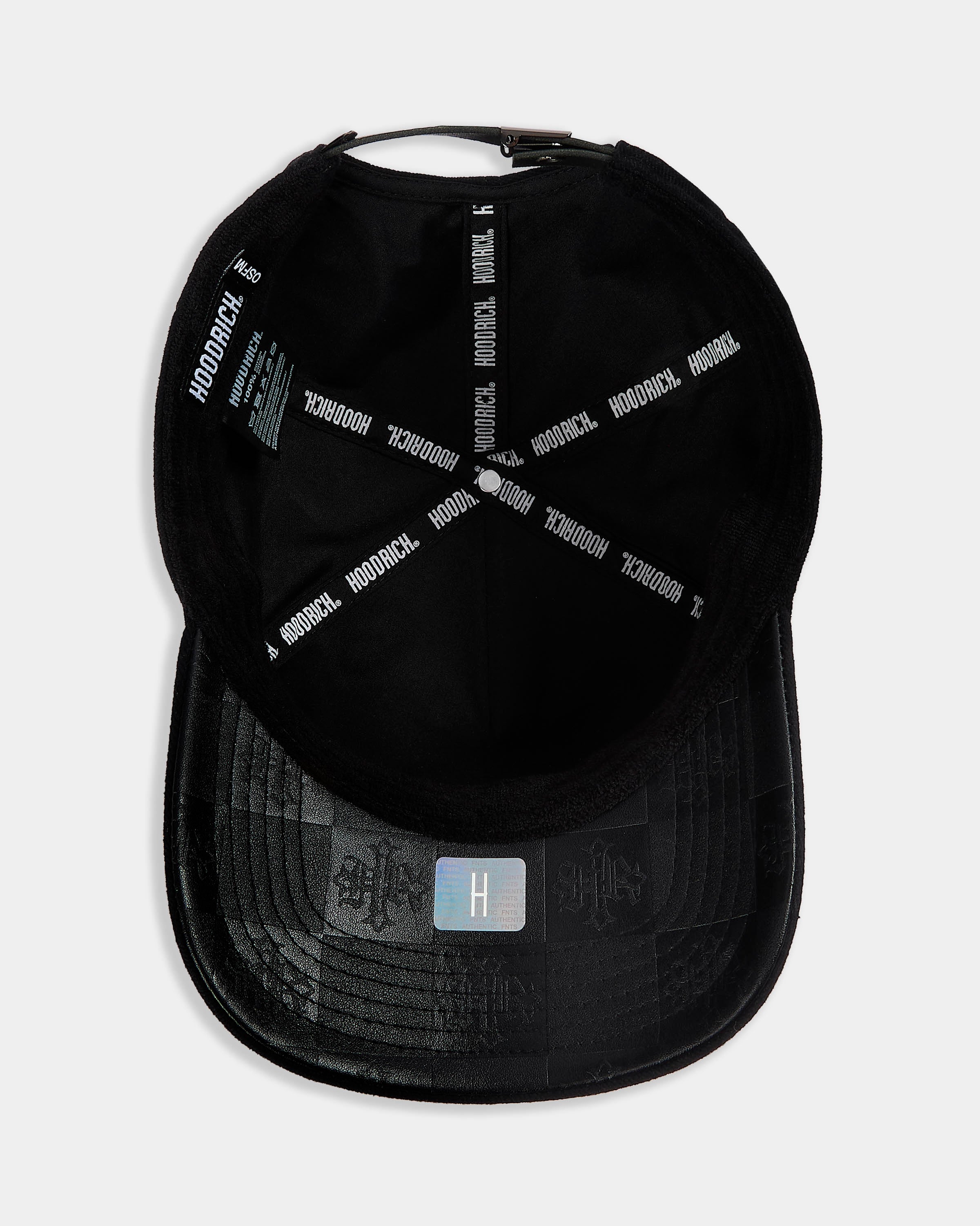 Black cap with branding on a light gray background