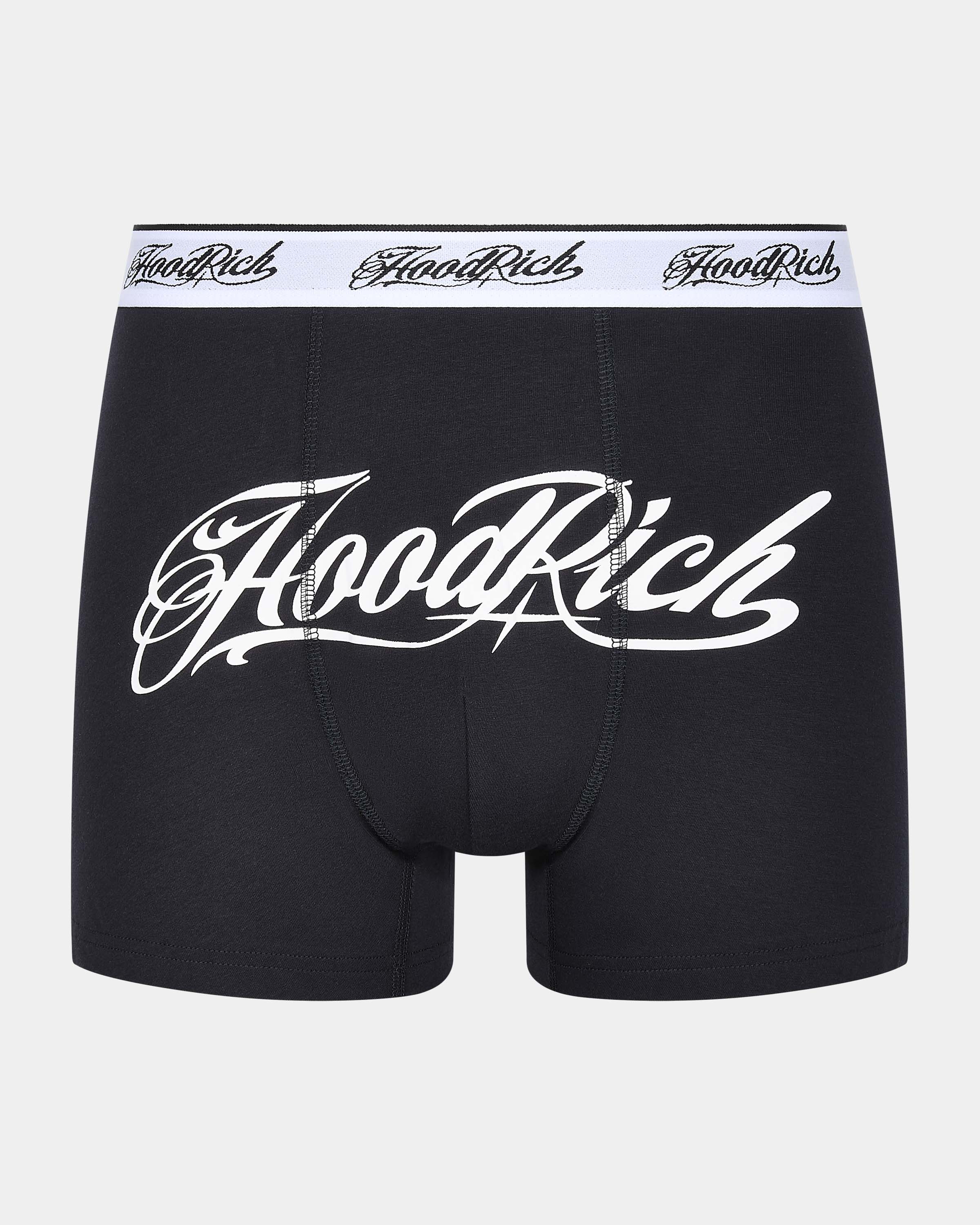 Black boxer briefs with 'HoodRich' branding on a white background