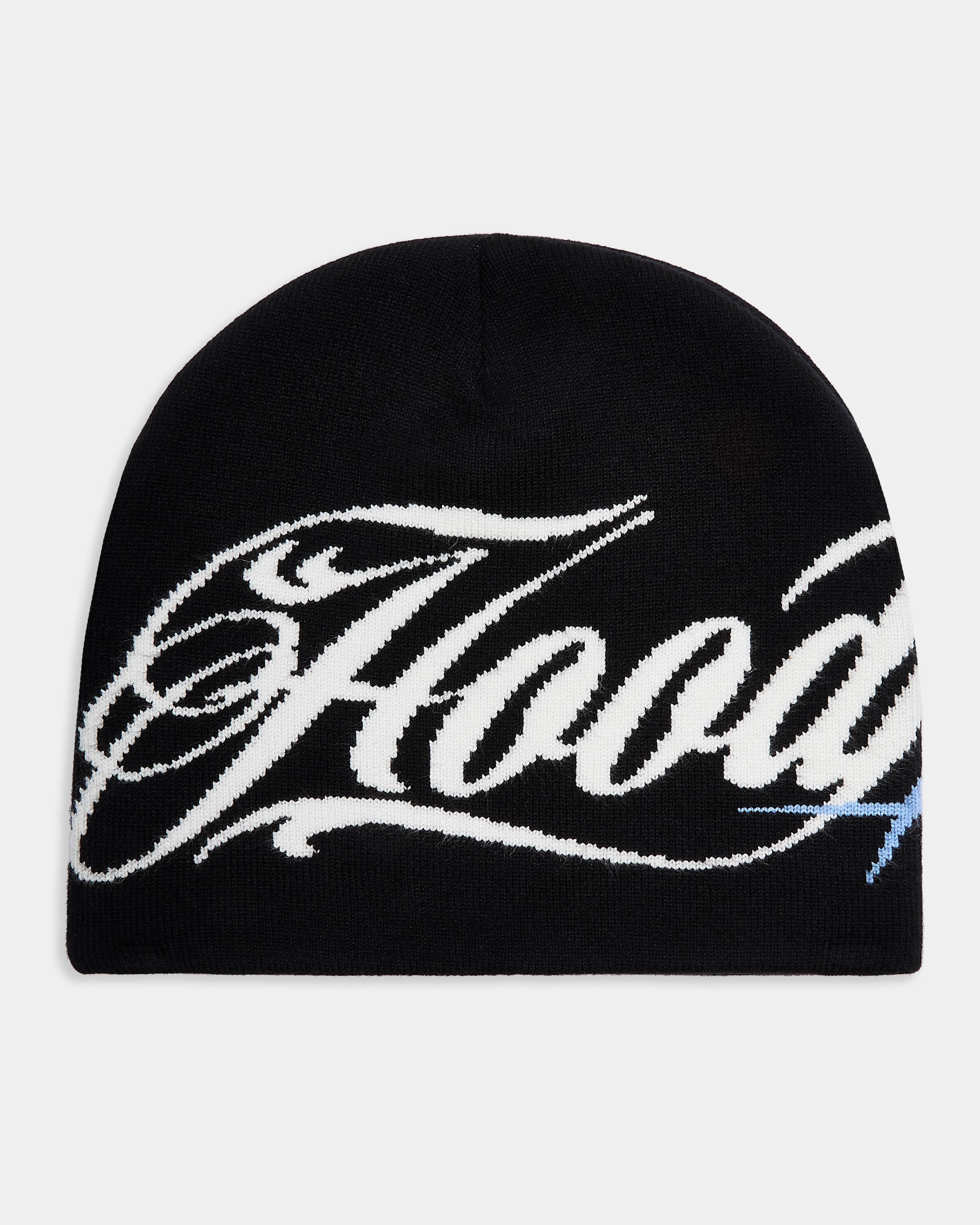 Black beanie with white and blue "Hoodrich" on a light gray background