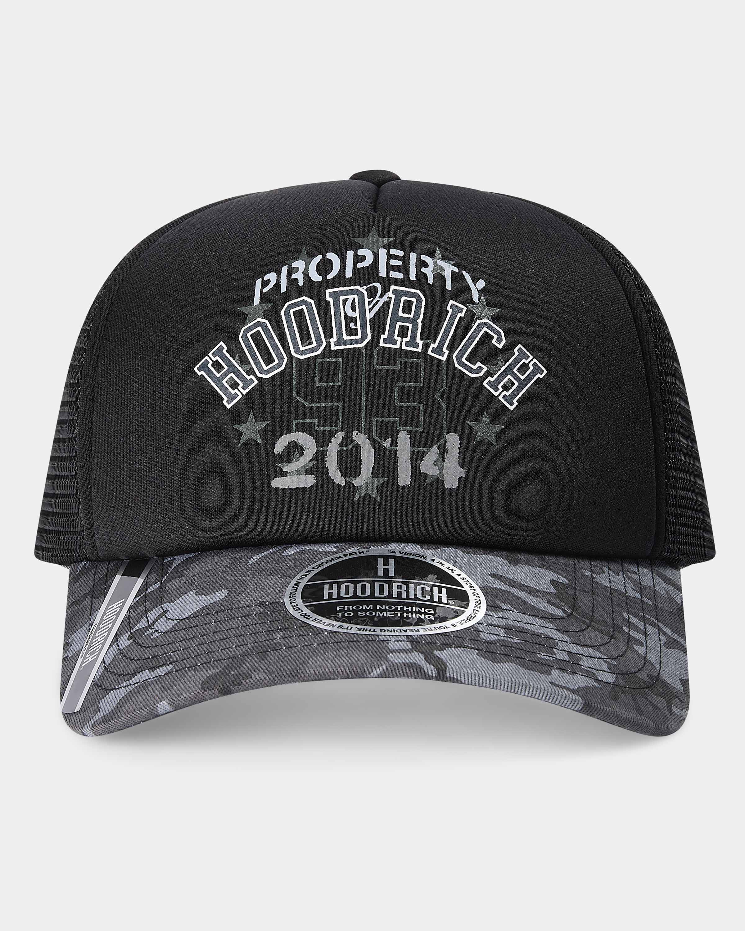 Black and gray cap with 'Property Hoodrich 93 2014' text on a white background