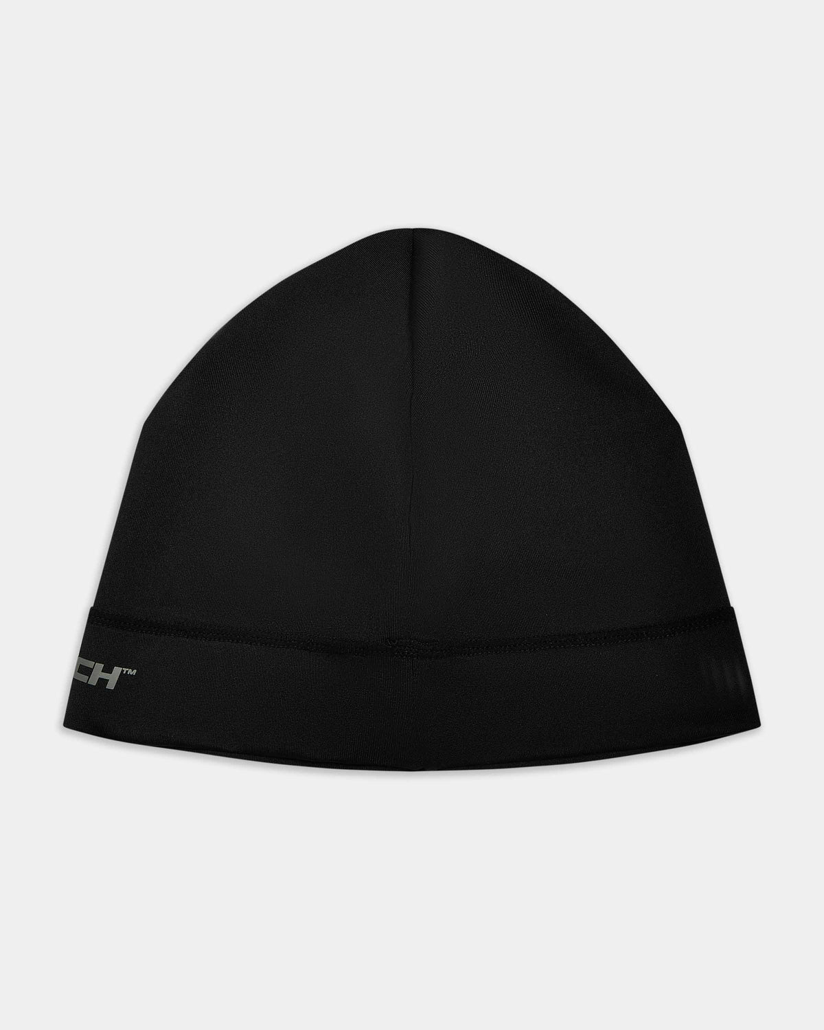 A black knit beanie hat with a small gray logo on the left side of the folded cuff, shown against a light gray background.