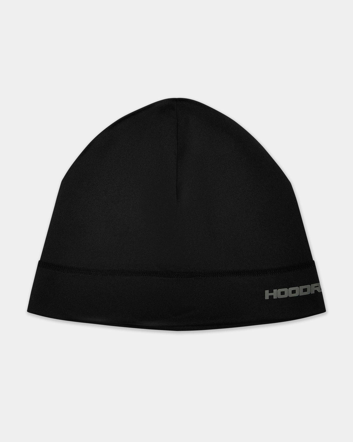 A black knit beanie hat with a folded cuff, featuring a small gray HOODRICH logo on the right side of the cuff, set against a plain light gray background.