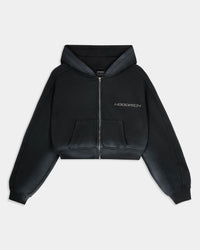 Black cropped zip-up hoodie featuring a Hoodrich logo on the chest and a front kangaroo pocket.