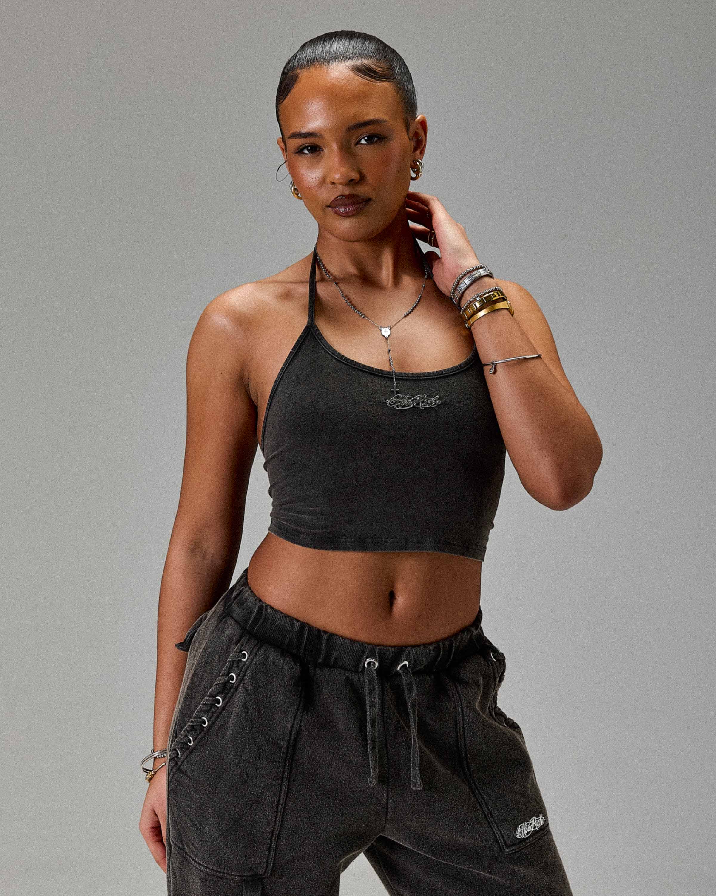 The Winner's Circle Token Tie Back Halter Top - Washed Black