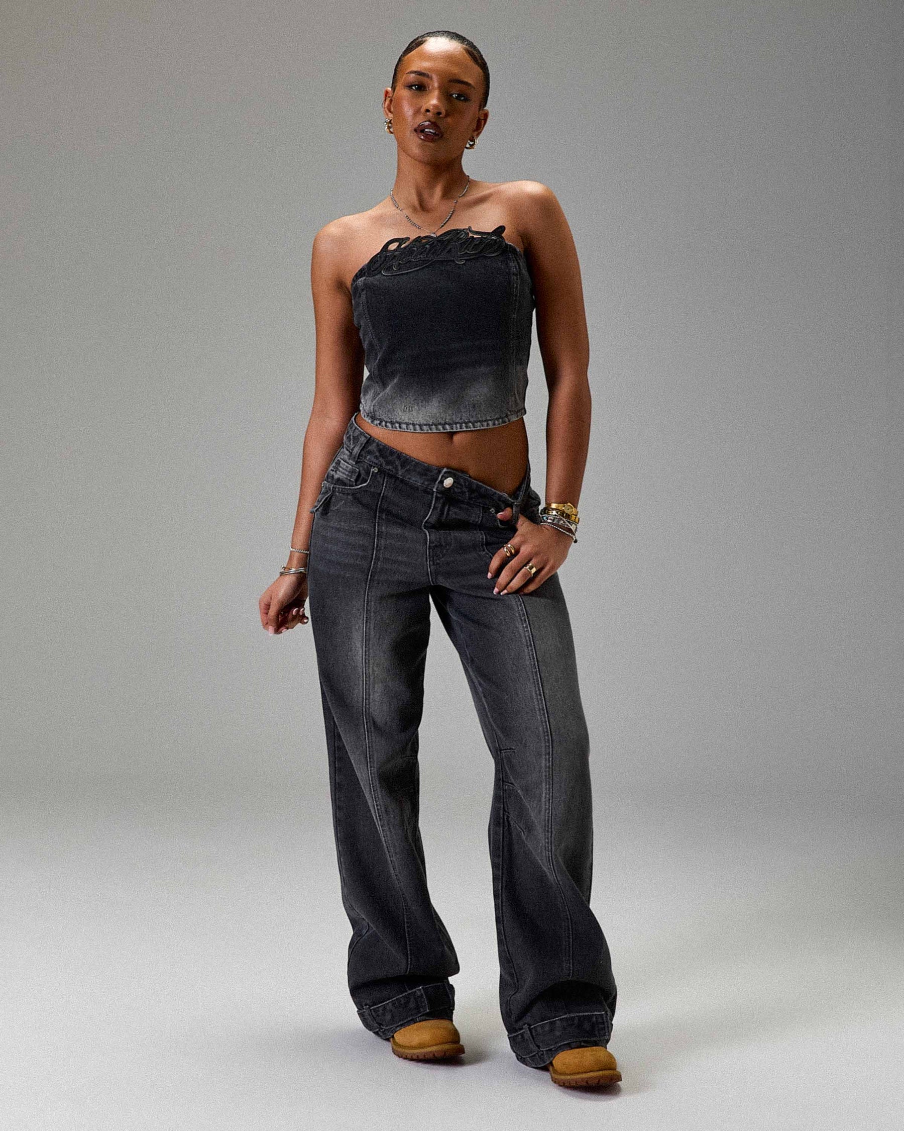The Winner's Circle Solace Wide Leg Cargo Jeans - Grey/Black