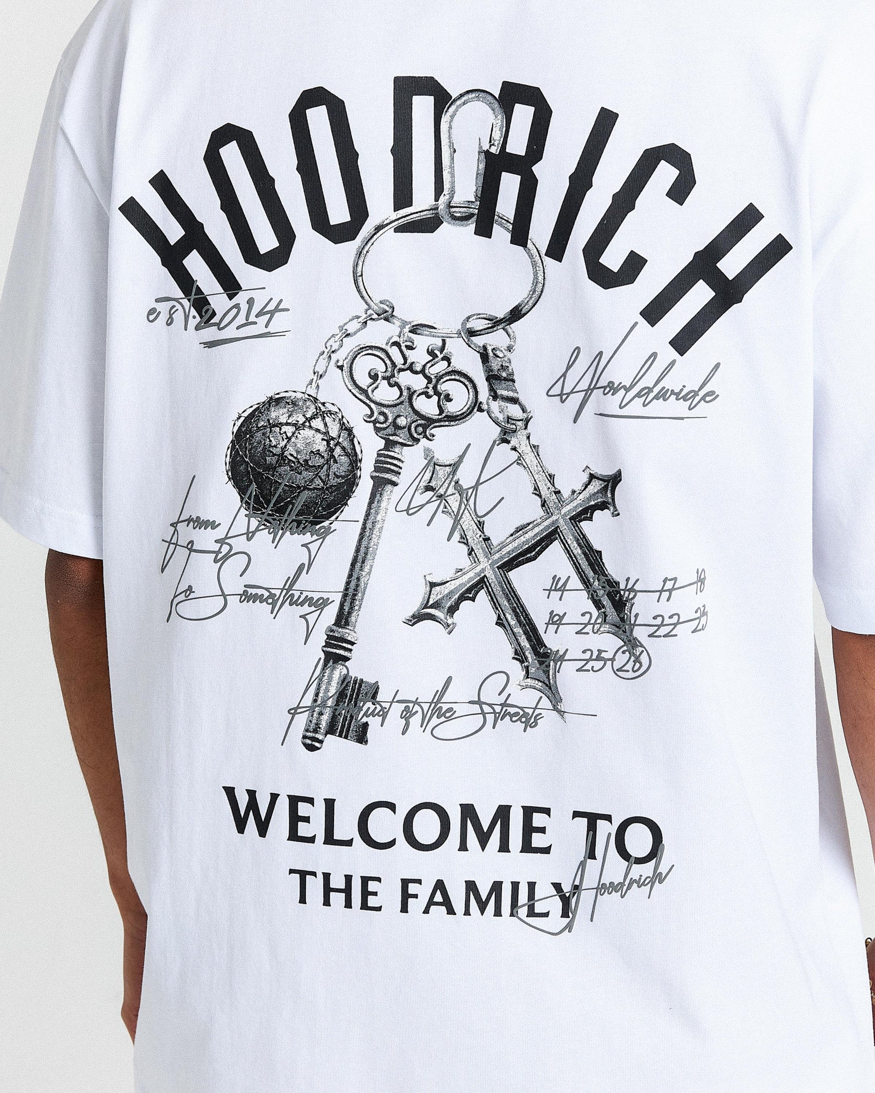 White t-shirt with black graphic design and text on a white background