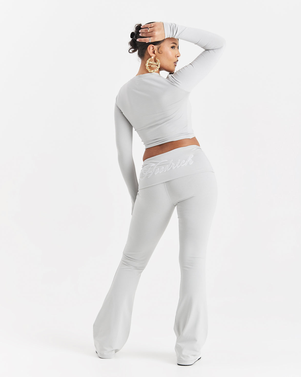 Poise Fold Waist Flare Leggings - Light Grey/White