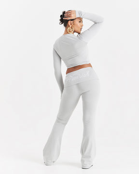 Poise Fold Waist Flare Leggings - Light Grey/White