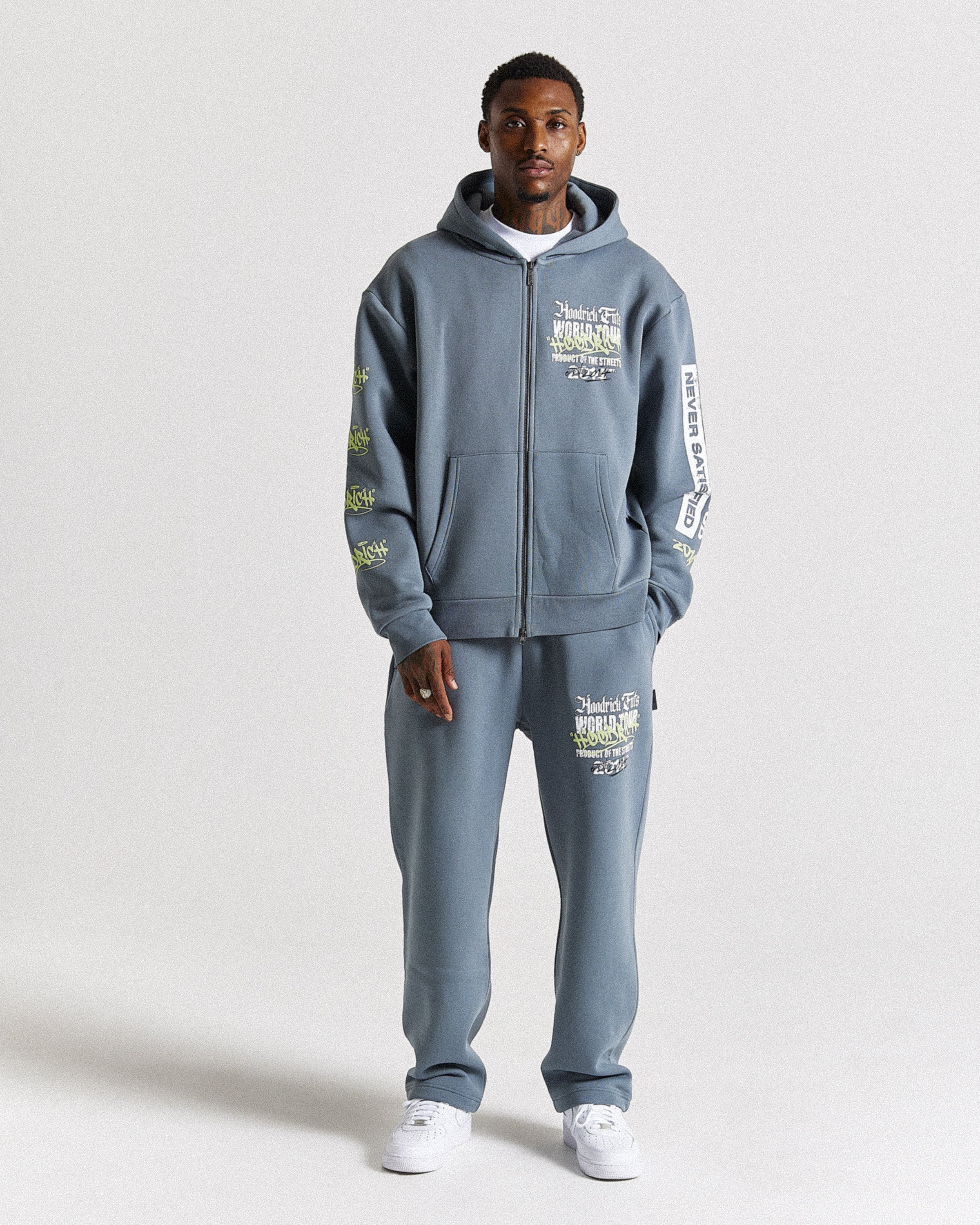 Stamp Tour Oversized Zip Hoodie - Grey/White/Lime