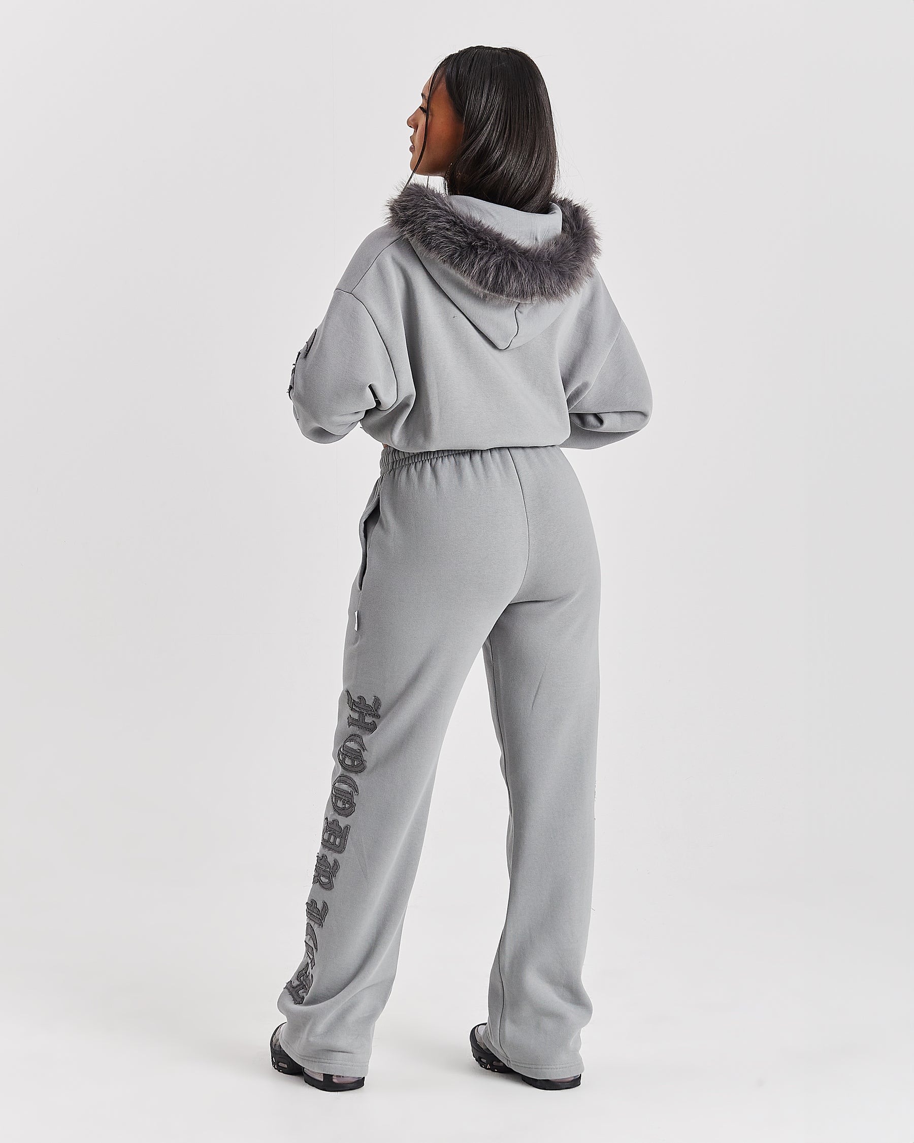 Drea Faux Fur Cropped Boxy Hoodie - Grey