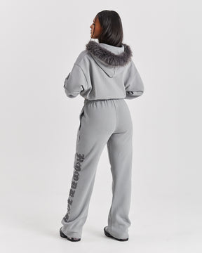 Drea Faux Fur Cropped Boxy Hoodie - Grey
