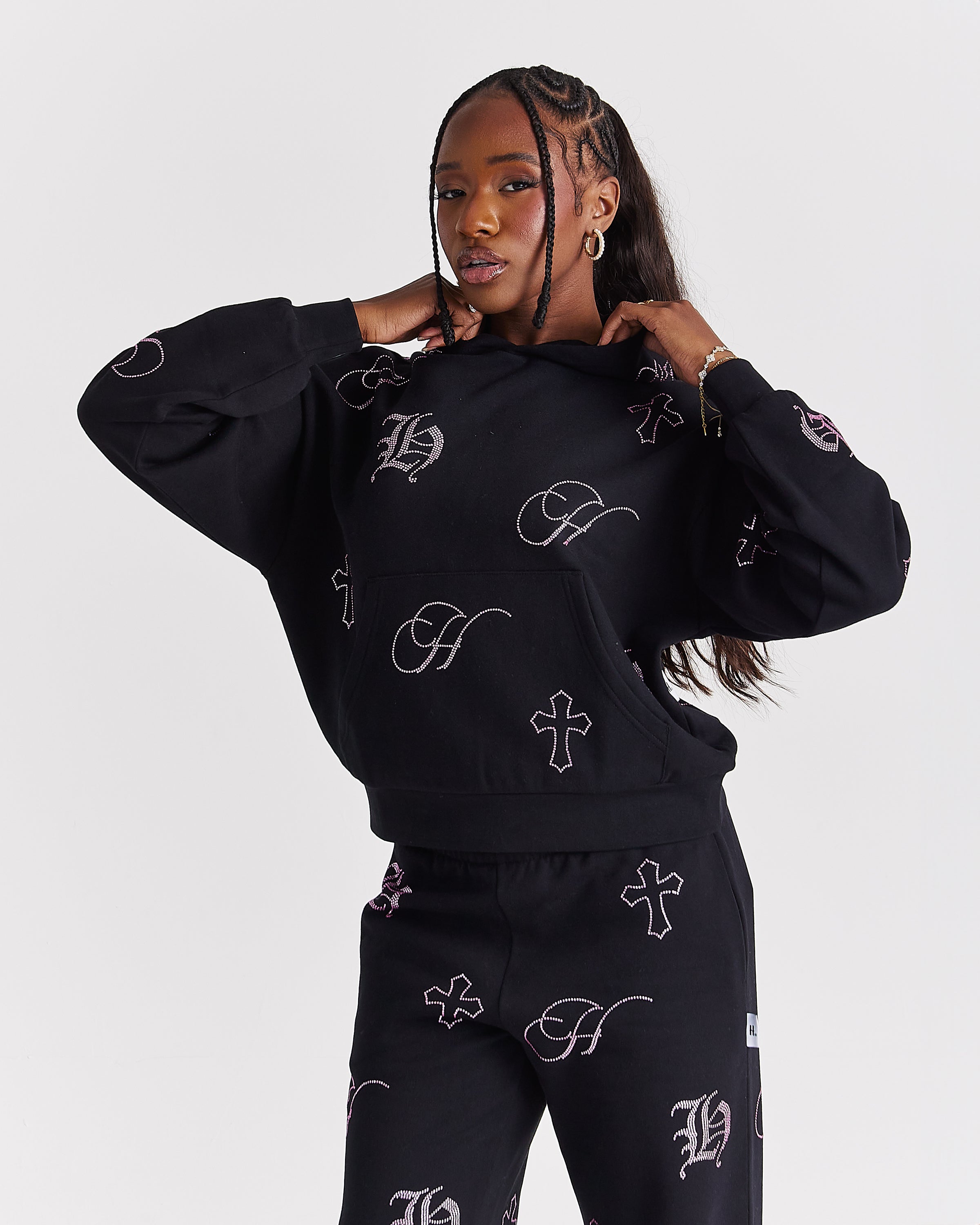 Crystal Mid Length Hoodie - Black/Pink Rhinestone