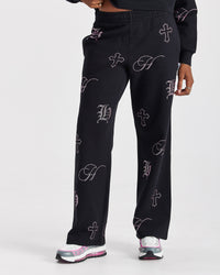 Crystal Wide Leg Jogger - Black/Pink Rhinestone