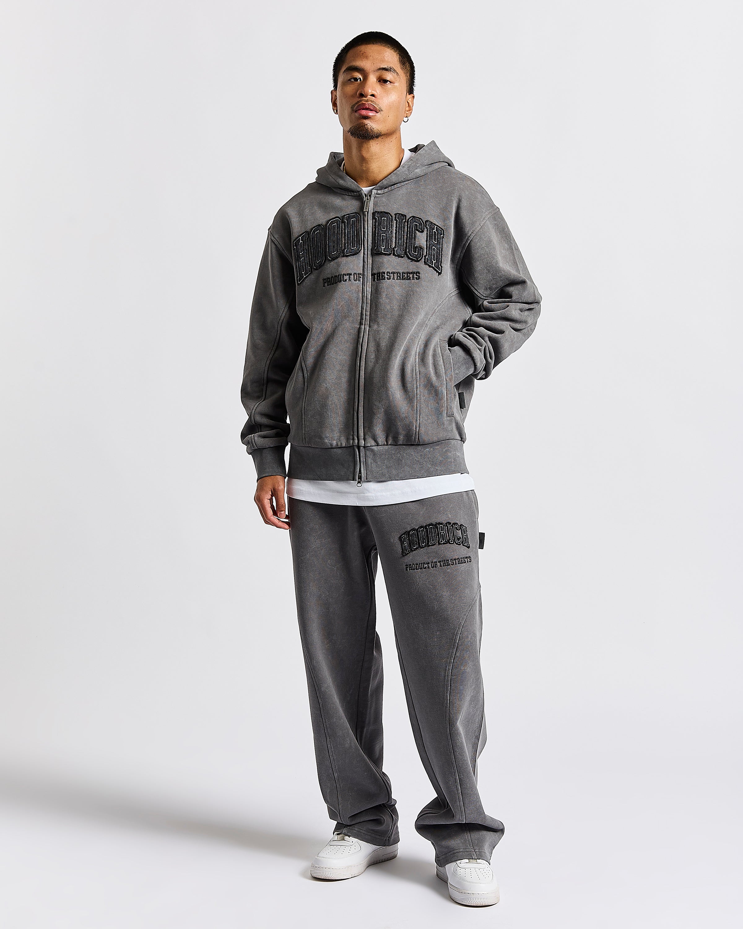Cursed Oversized Zip Hoodie - Grey Wash/Black