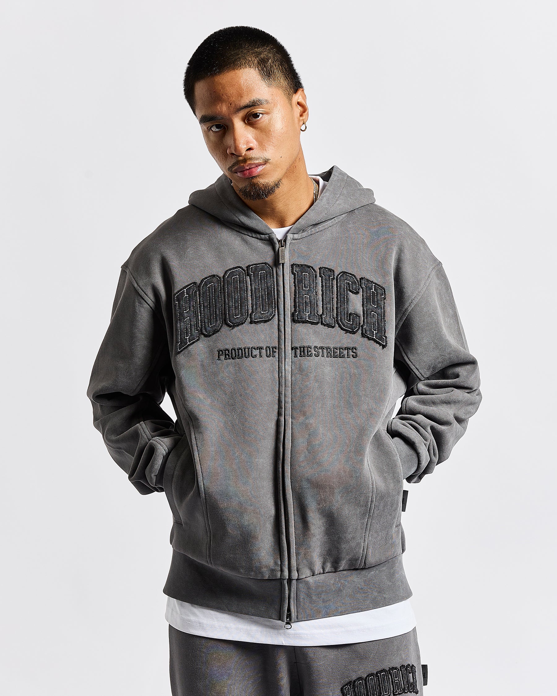 Cursed Oversized Zip Hoodie - Grey Wash/Black