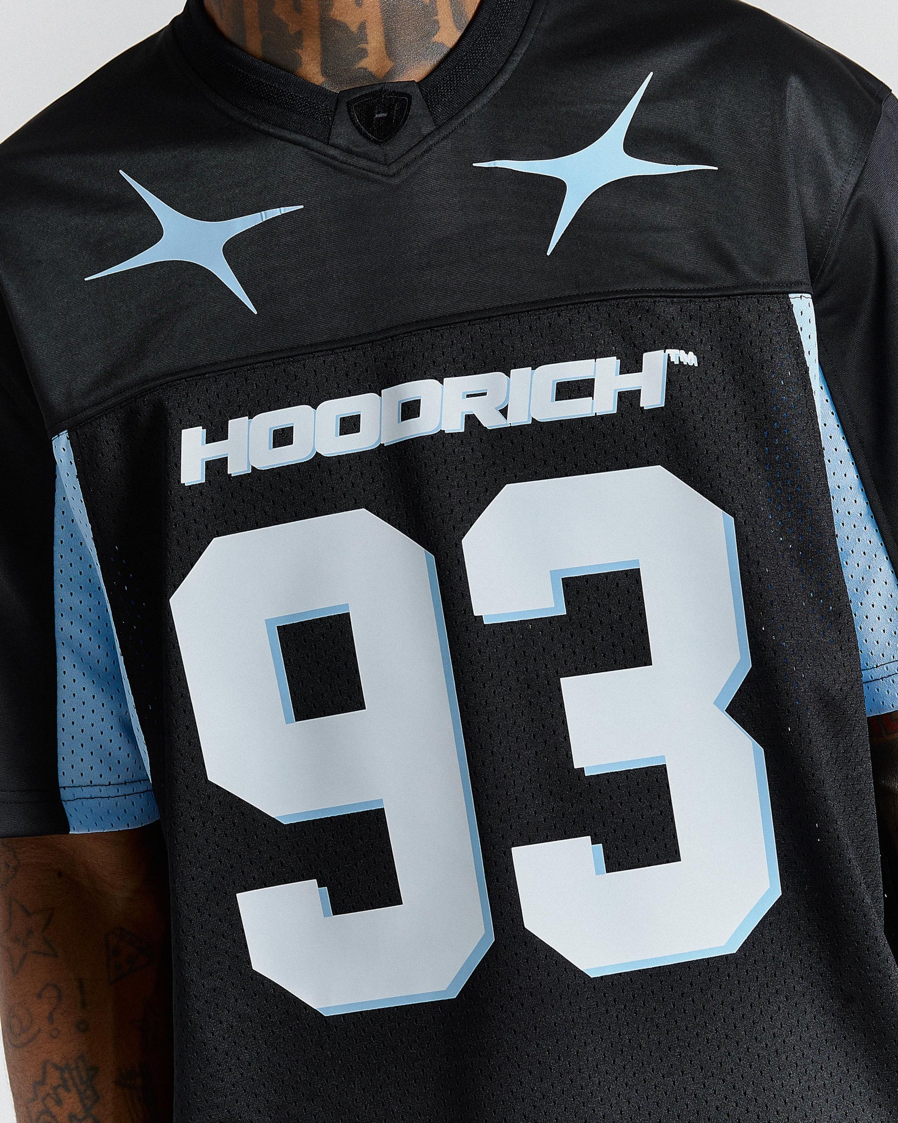 Black sports jersey with 'Hoodrich' branding and number '93'