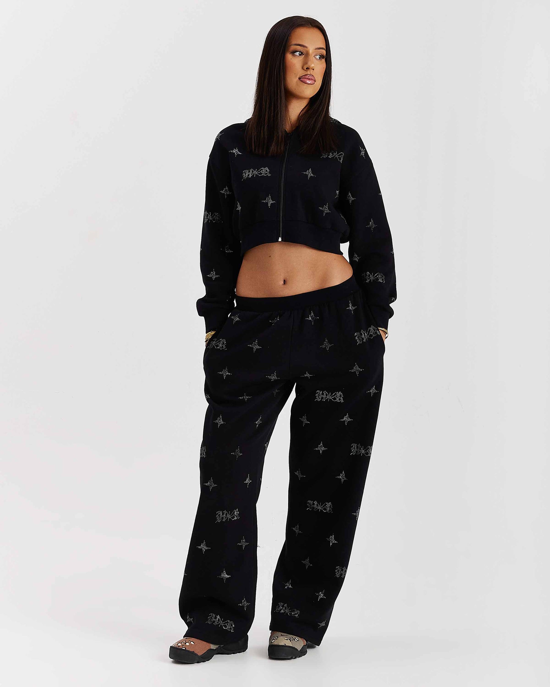 Razor Oversized Wide Leg Joggers - Black/Rhinestone