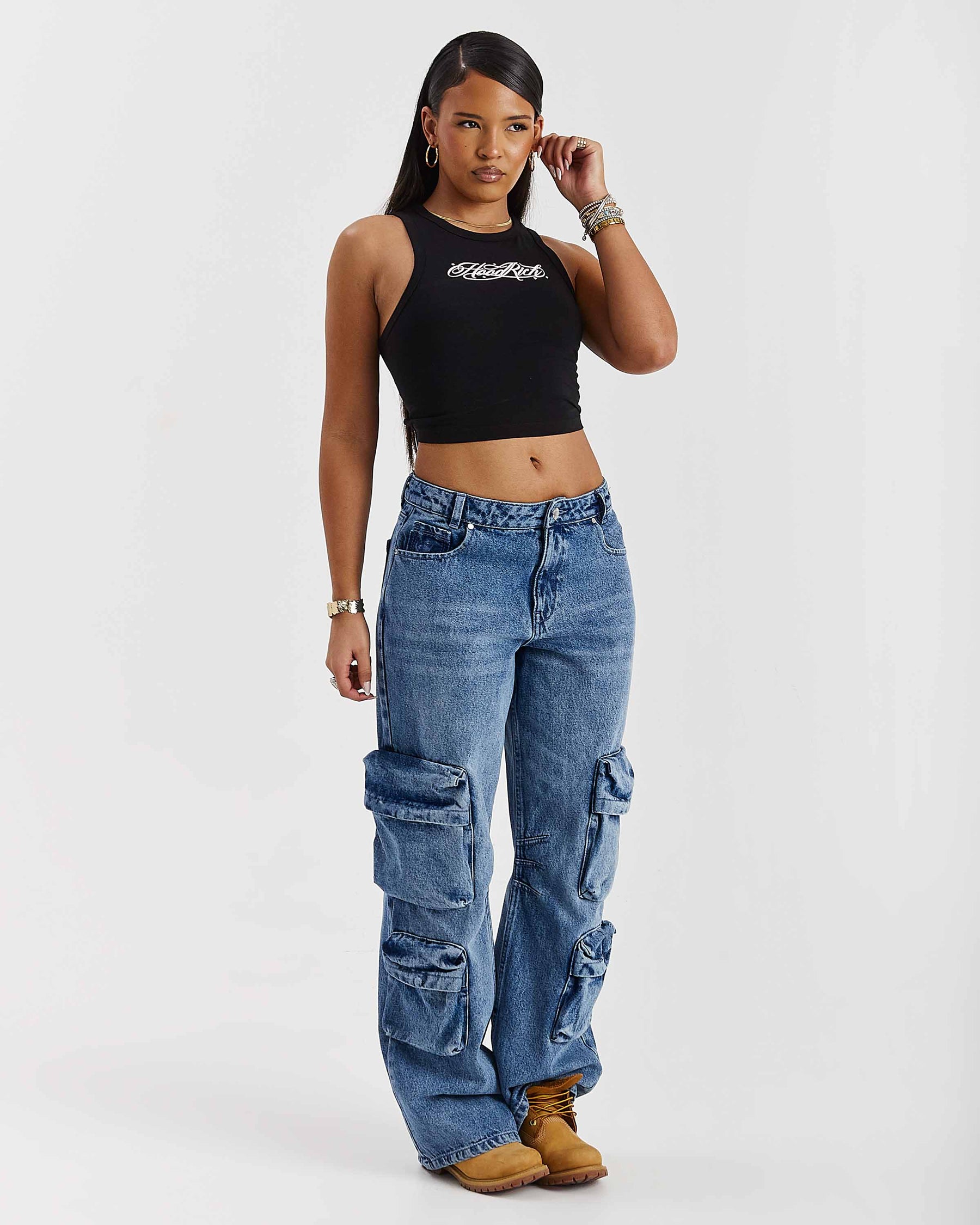 Token Wide Leg Cargo Jeans - Washed Mid Blue