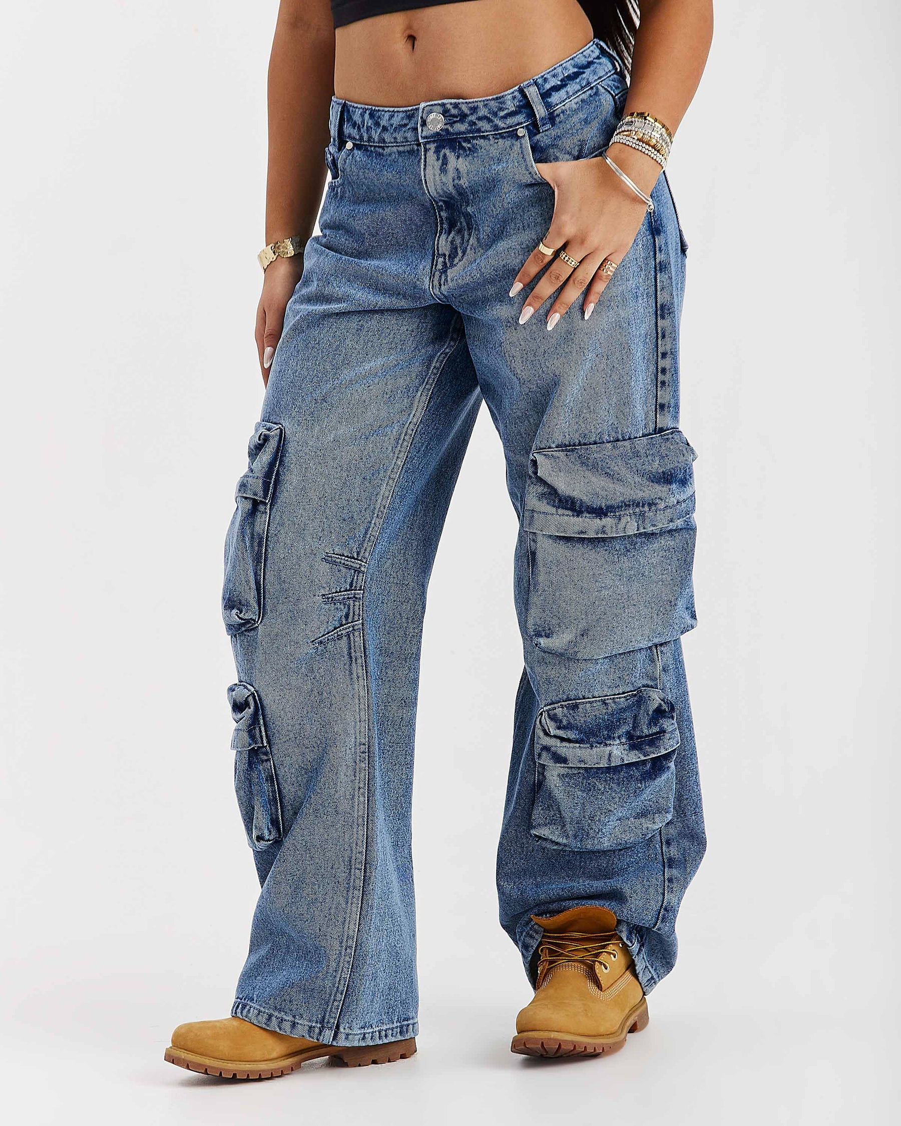 Token Wide Leg Cargo Jeans - Washed Mid Blue