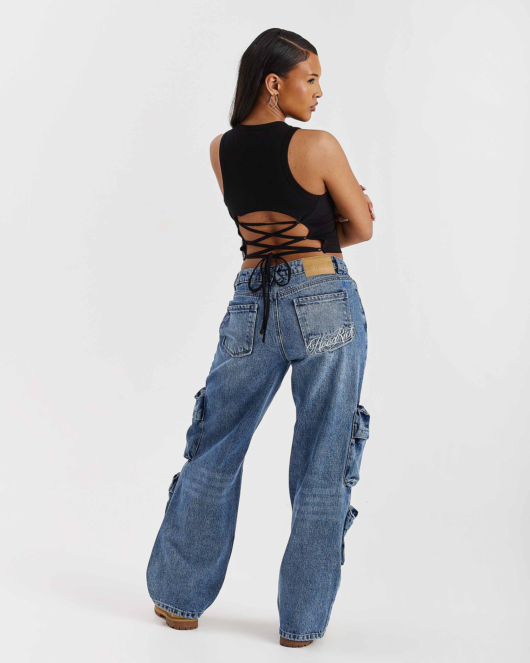 Token Wide Leg Cargo Jeans - Washed Mid Blue