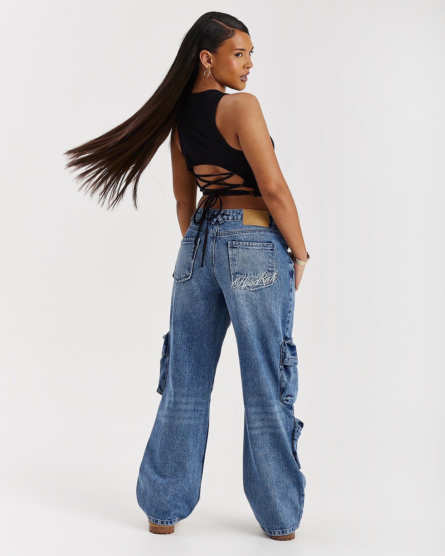 Token Wide Leg Cargo Jeans - Washed Mid Blue