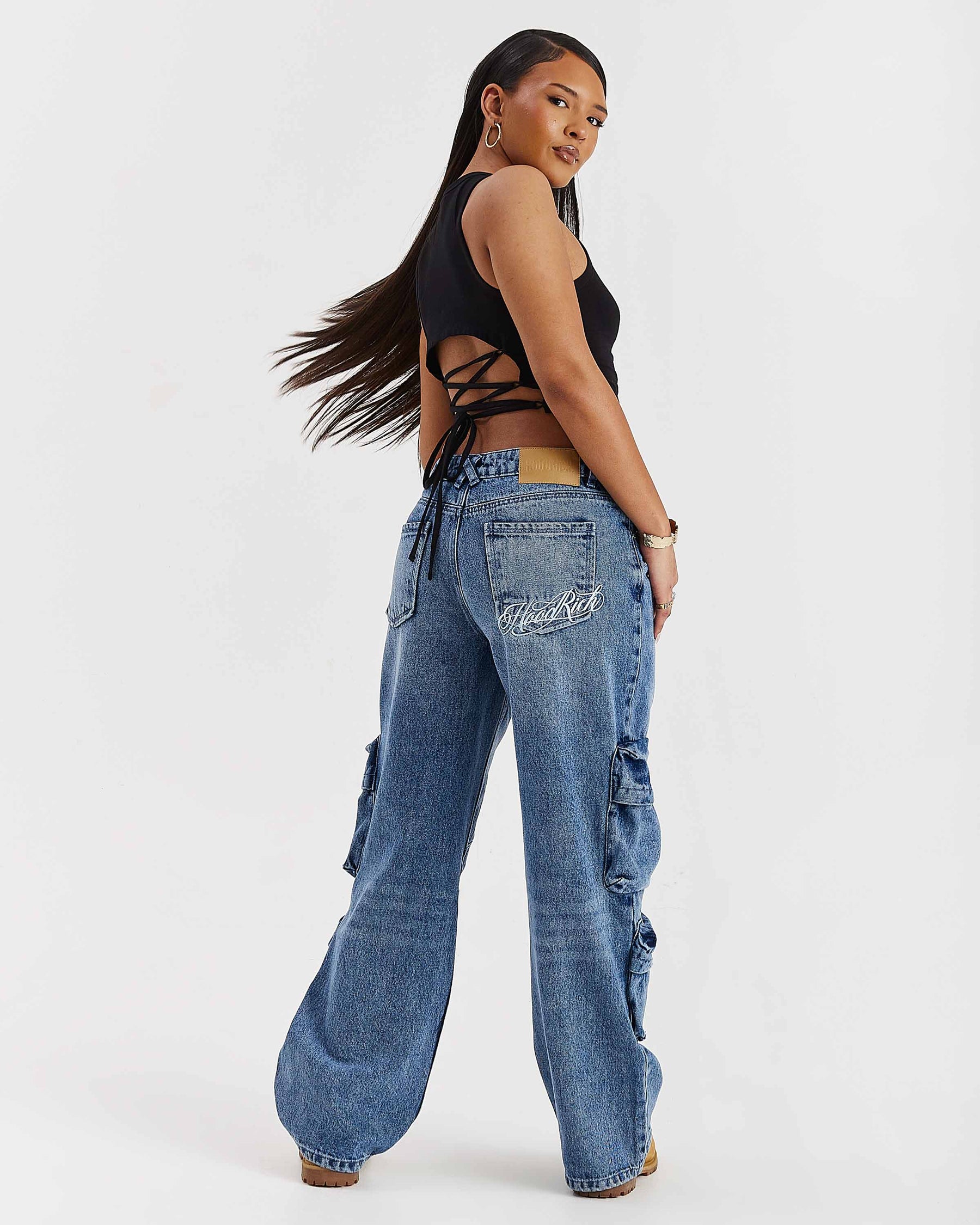 Token Wide Leg Cargo Jeans - Washed Mid Blue