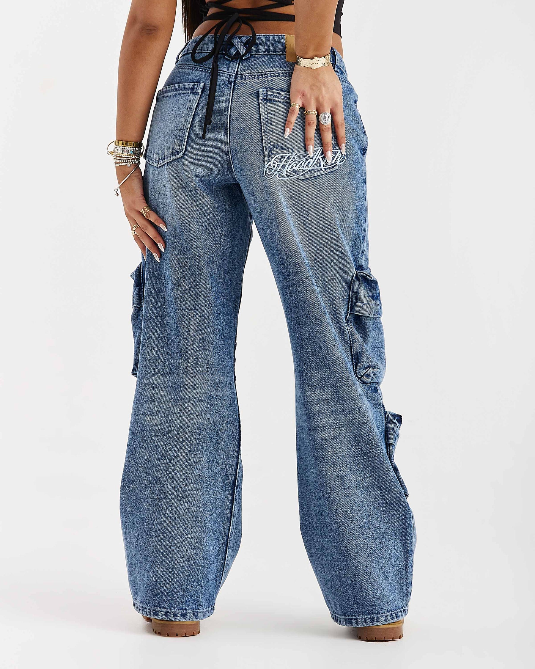Token Wide Leg Cargo Jeans - Washed Mid Blue